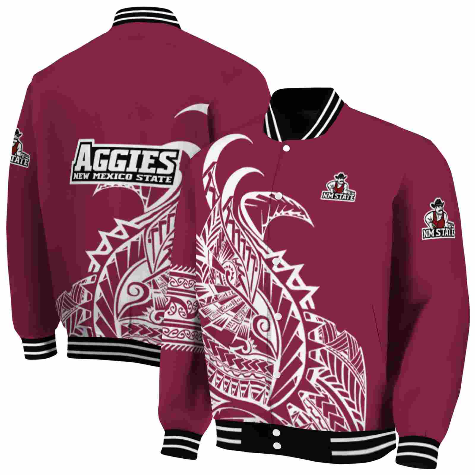 Ncaa New Mexico State Aggies Tribal Art Crimson White Black Custom Baseball Jacket Sport Fans Gear