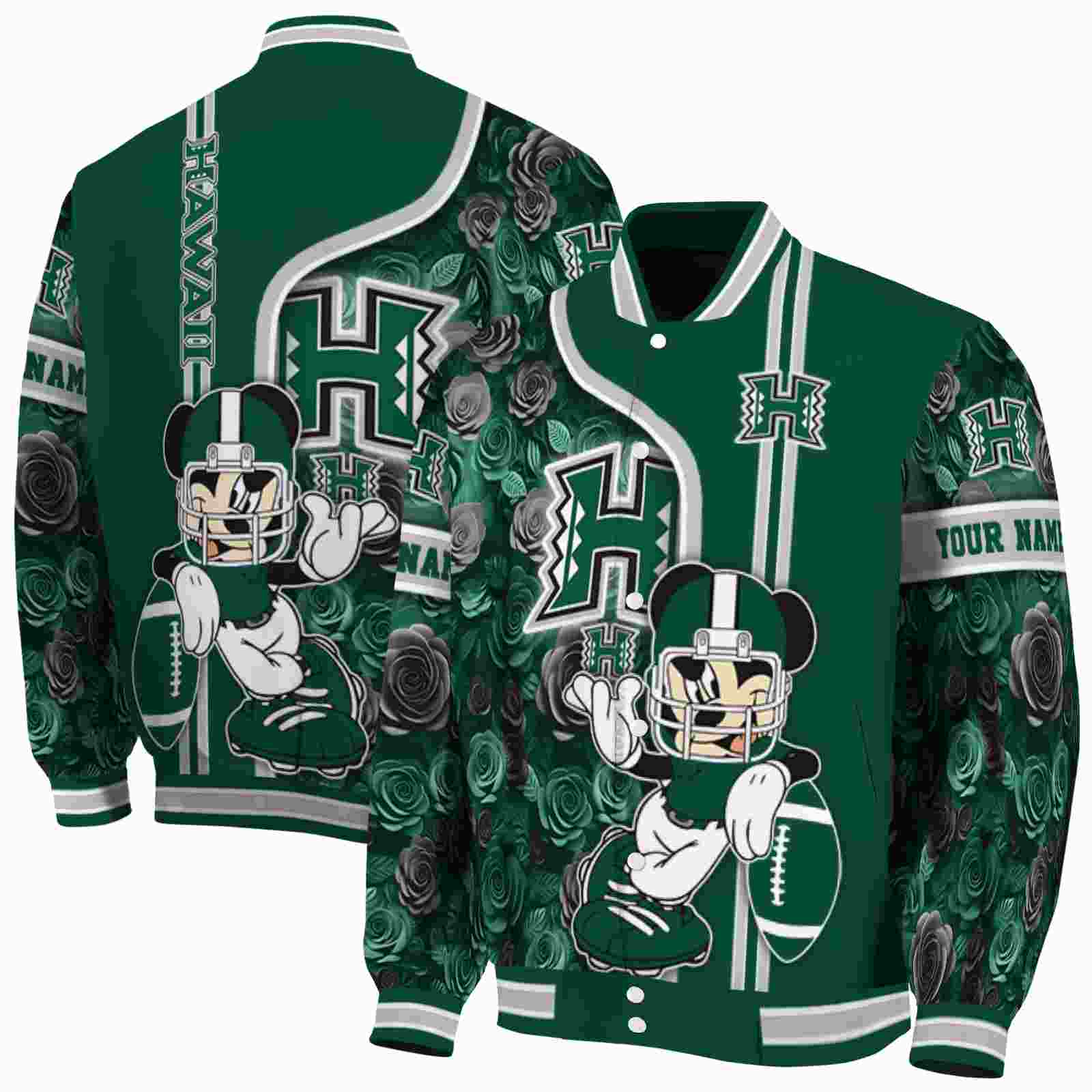 Ncaa Personalized Hawaii Rainbow Warriors Rose Mickey Green Custom Baseball Jacket Sport Fans Gear