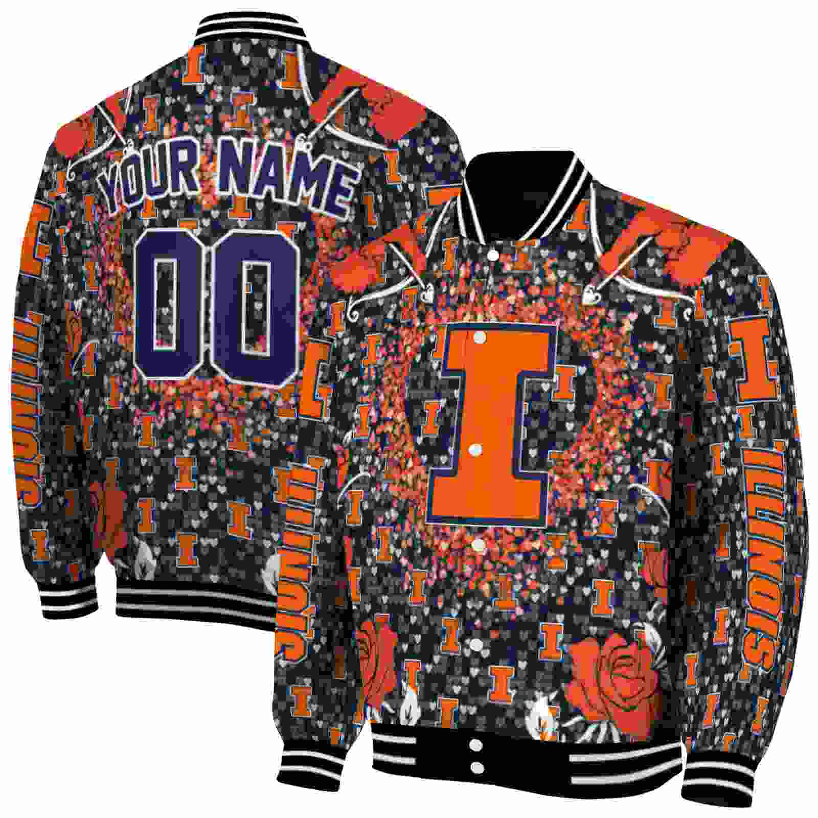 Ncaa Personalized Illinois Fighting Illini Heart Explosion Blue Custom Baseball Jacket Sport Fans Gear
