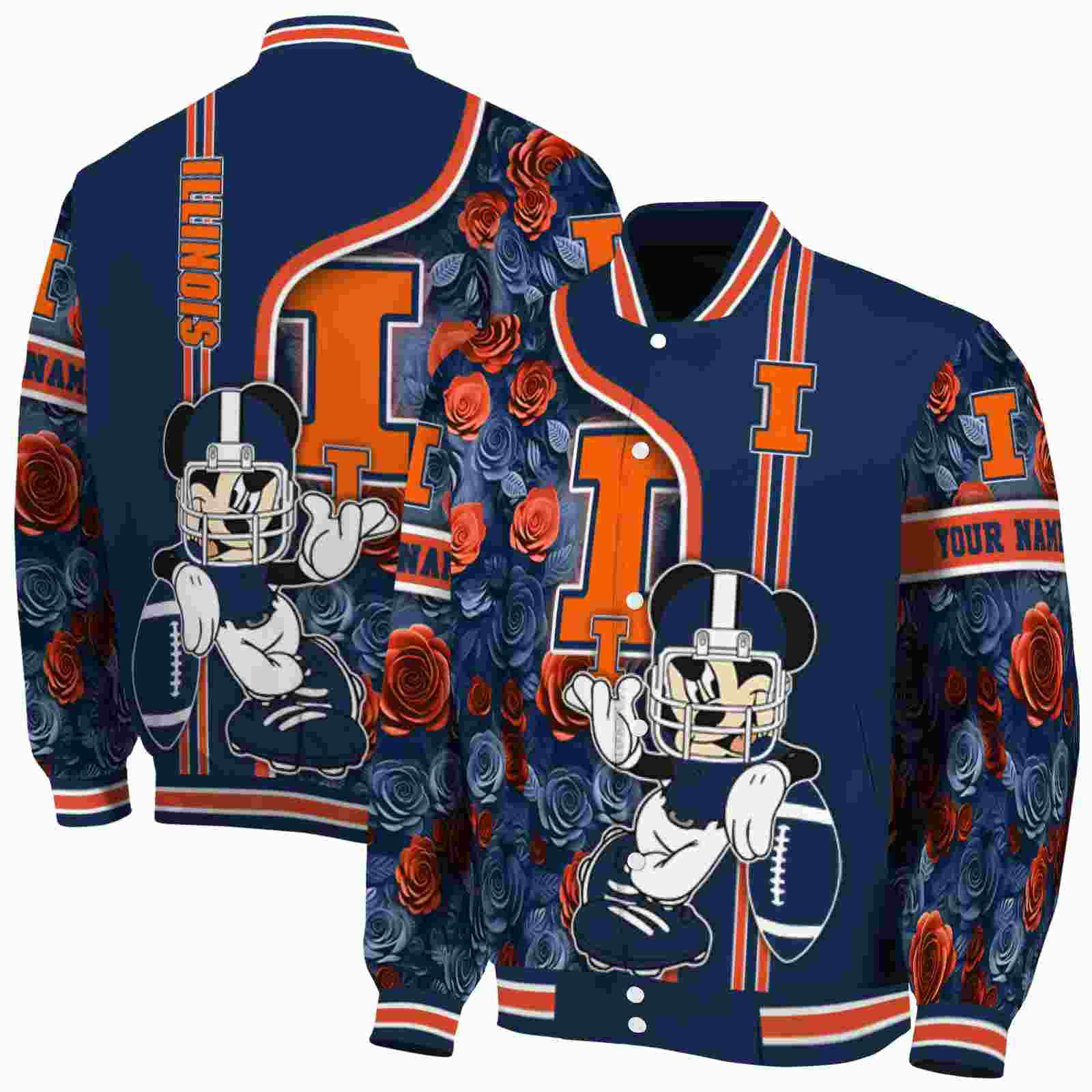 Ncaa Personalized Illinois Fighting Illini Rose Mickey Blue Custom Baseball Jacket Sport Fans Gear