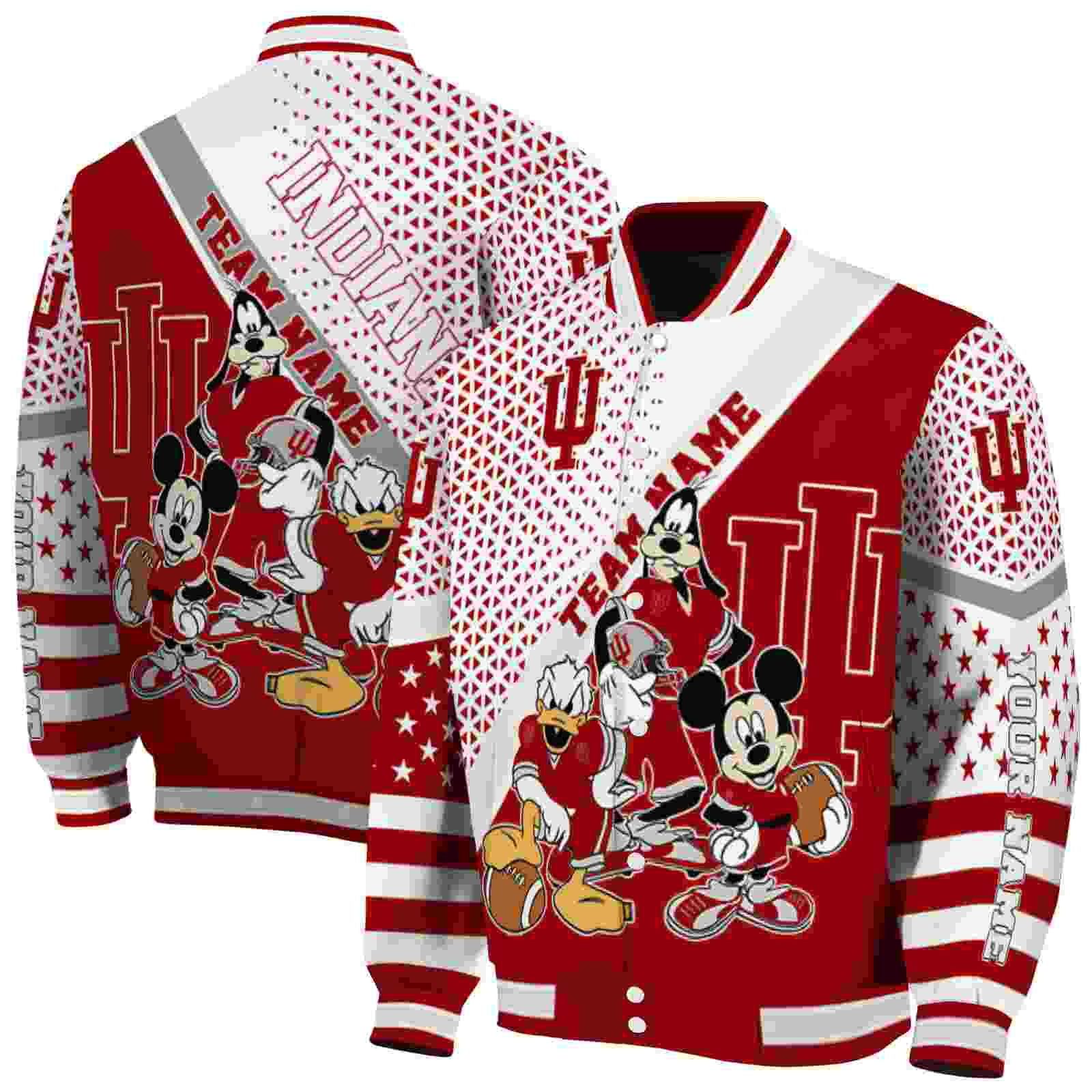 Ncaa Personalized Indiana Hoosiers Mickey Donald Goofy Red White Custom Baseball Jacket Sport Fans Gear