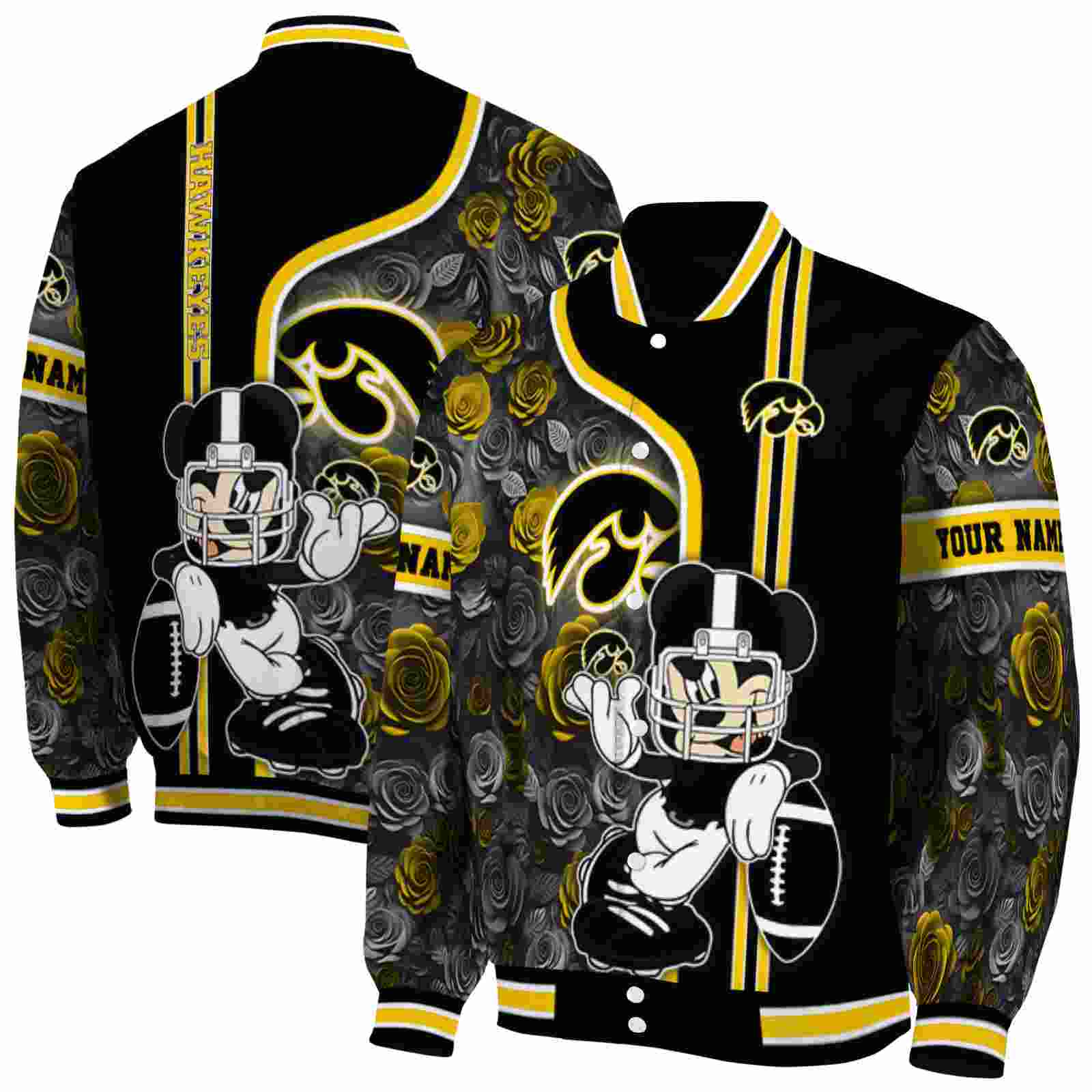 Ncaa Personalized Iowa Hawkeyes Rose Mickey Black Custom Baseball Jacket Sport Fans Gear