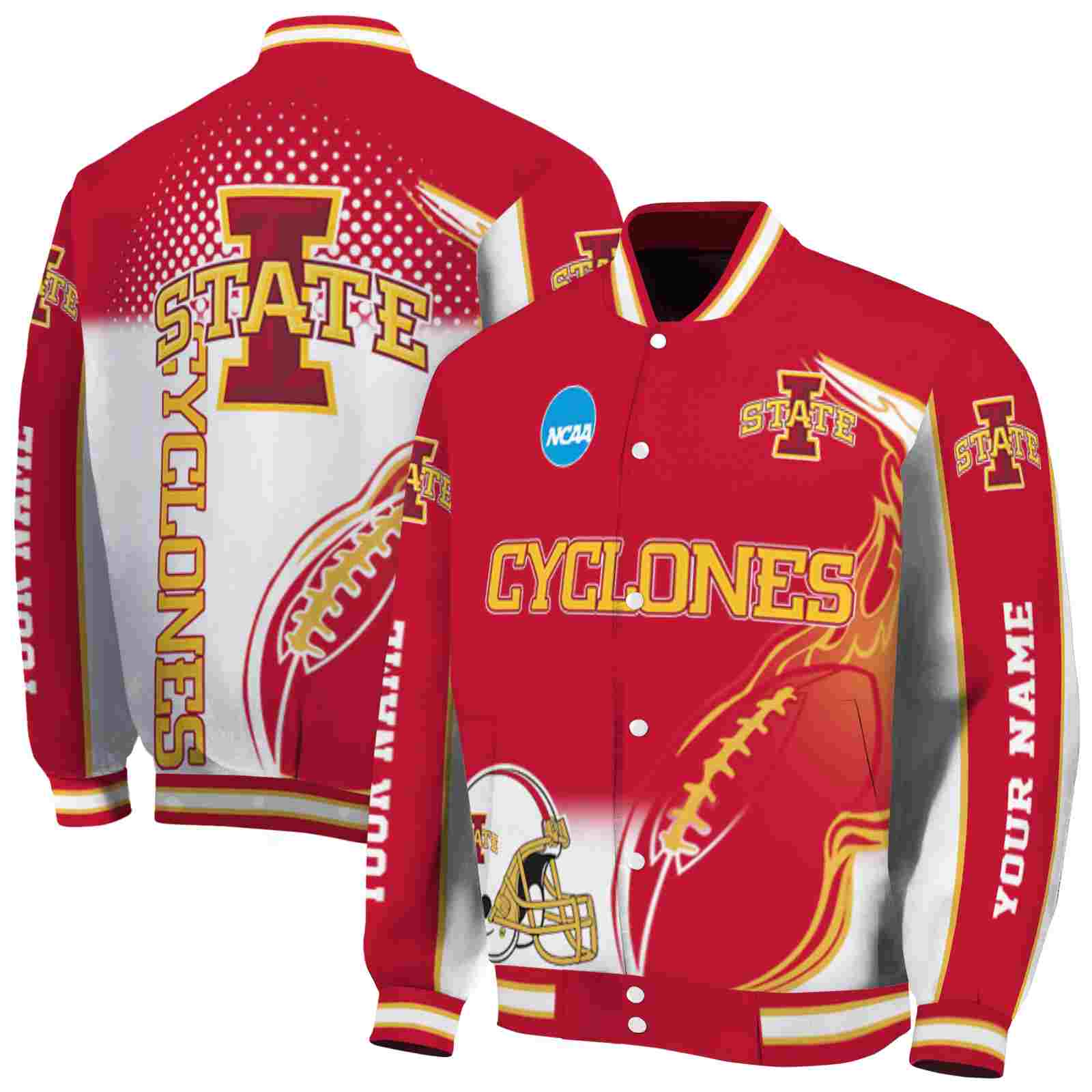 Ncaa Personalized Iowa State Cyclones Flaming Football Red White Custom Baseball Jacket Sport Fans Gear