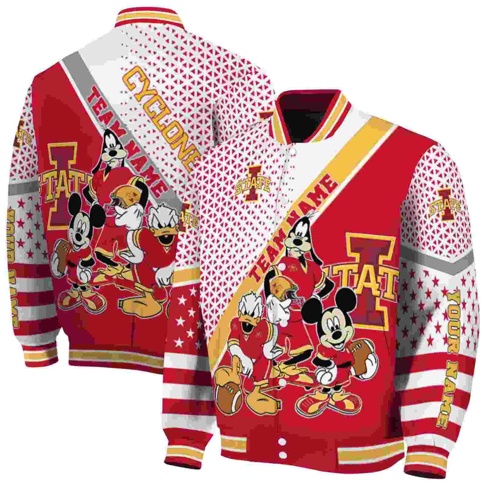 Ncaa Personalized Iowa State Cyclones Mickey Donald Goofy Red White Custom Baseball Jacket Sport Fans Gear