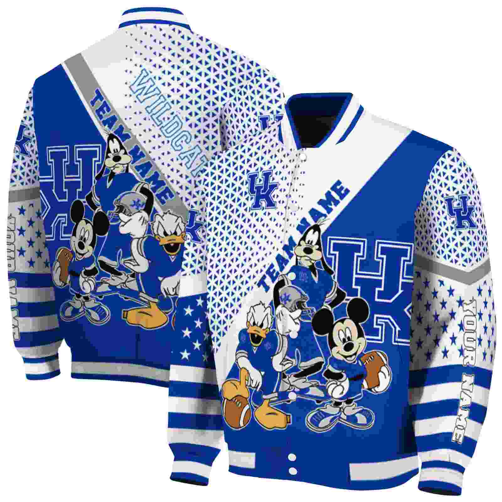 Ncaa Personalized Kentucky Wildcats Mickey Donald Goofy Blue White Custom Baseball Jacket Sport Fans Gear