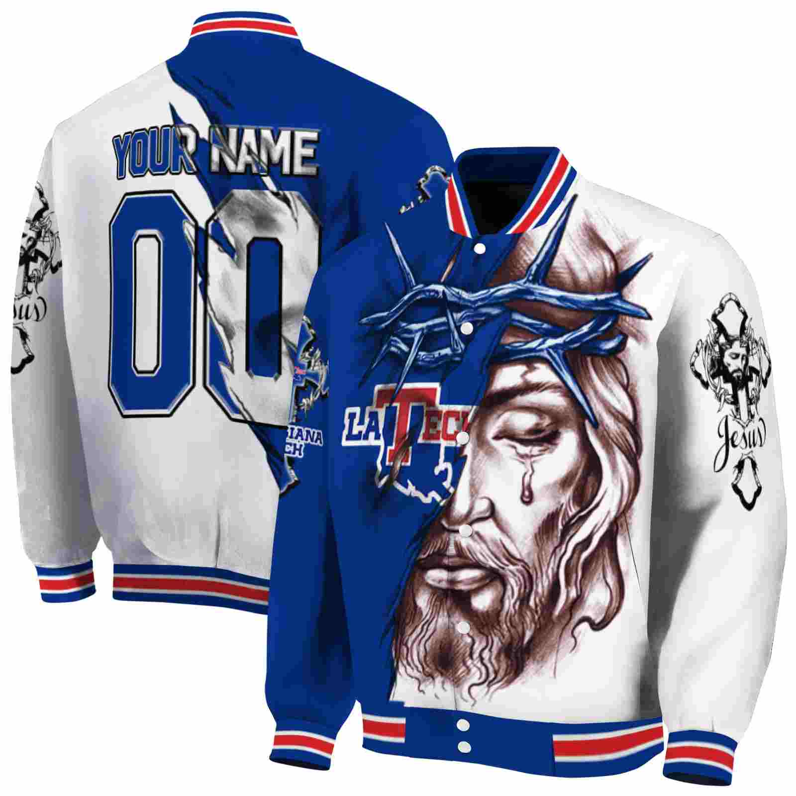 Ncaa Personalized LA Tech Jesus Tears Blue White Custom Baseball Jacket Sport Fans Gear