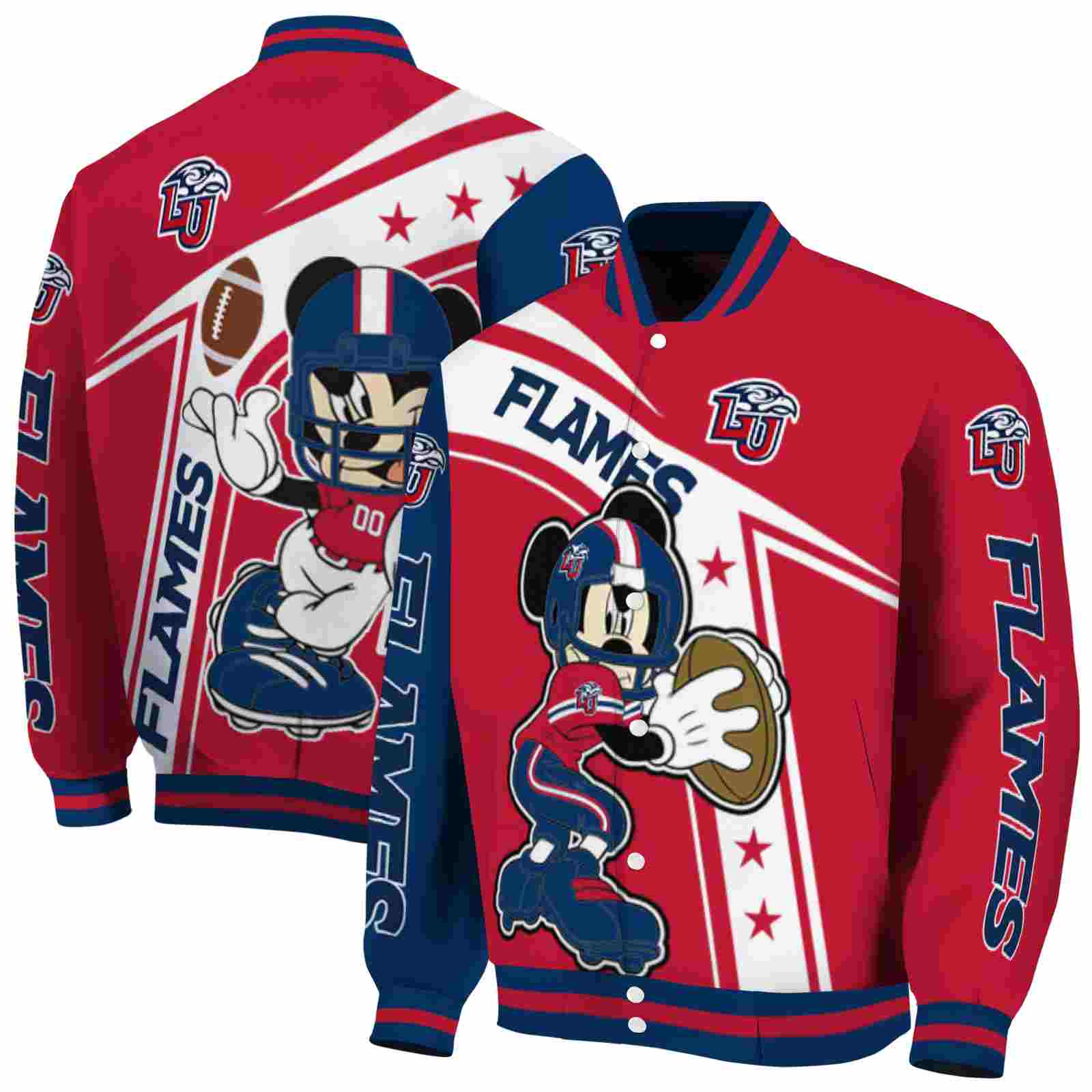 Ncaa Personalized Liberty Flames Mickey Football Red White Custom Baseball Jacket Sport Fans Gear