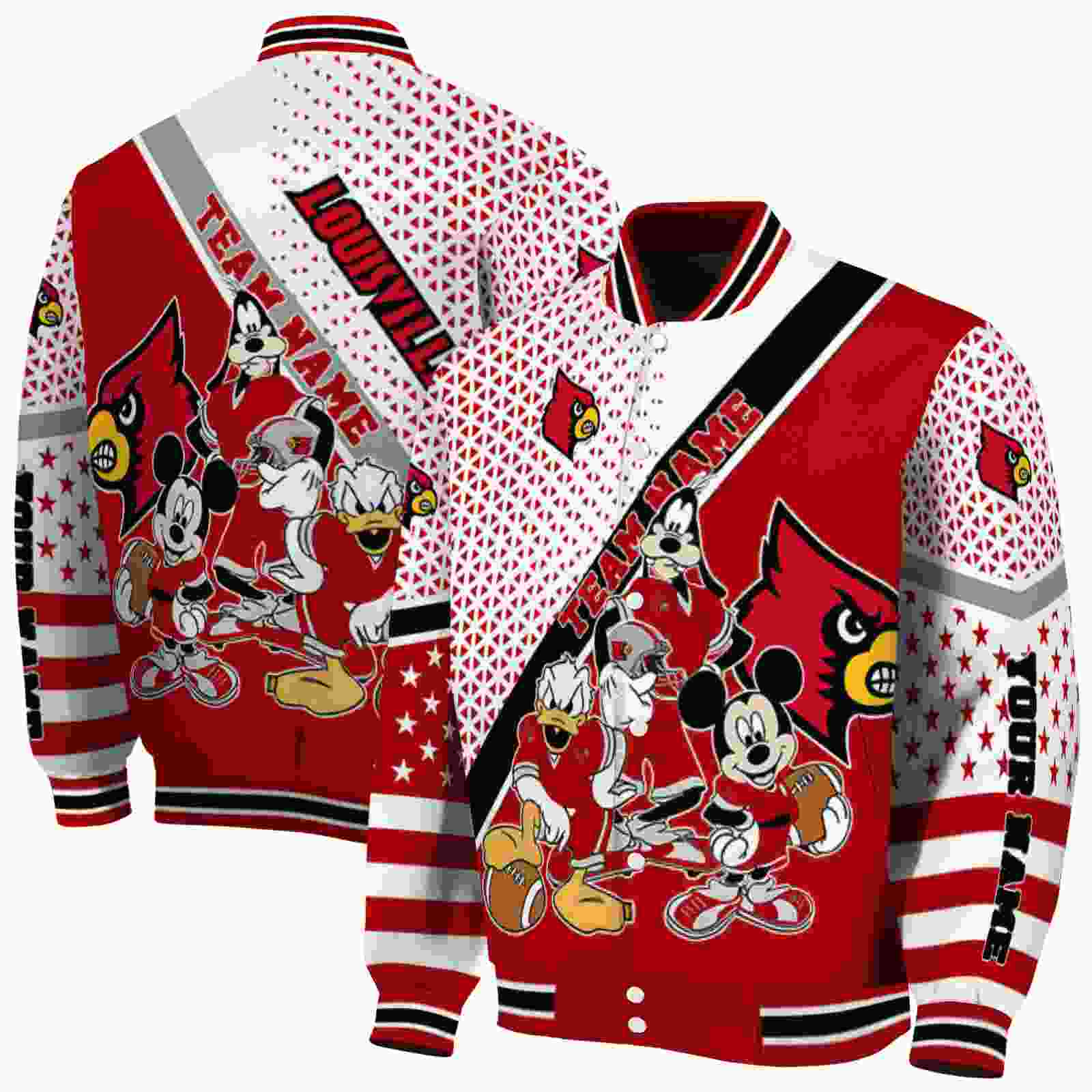 Ncaa Personalized Louisville Cardinals Mickey Donald Goofy Red White Custom Baseball Jacket Sport Fans Gear