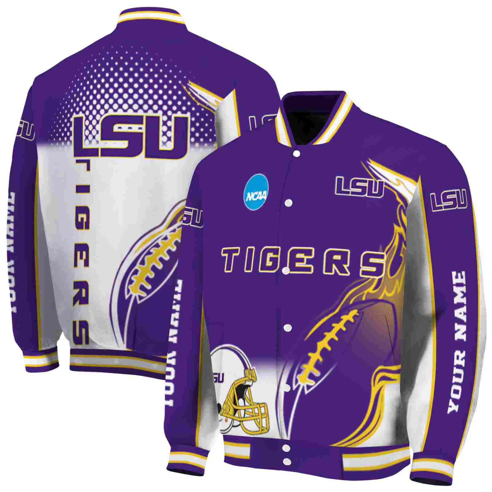 Ncaa Personalized LSU Tigers Flaming Football Purple White Custom Baseball Jacket Sport Fans Gear