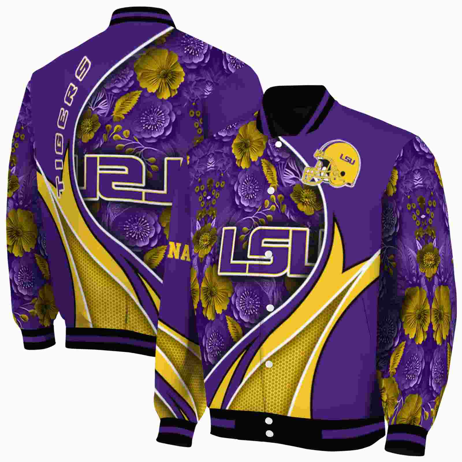 Ncaa Personalized LSU Tigers Floral Print Purple Custom Baseball Jacket Sport Fans Gear
