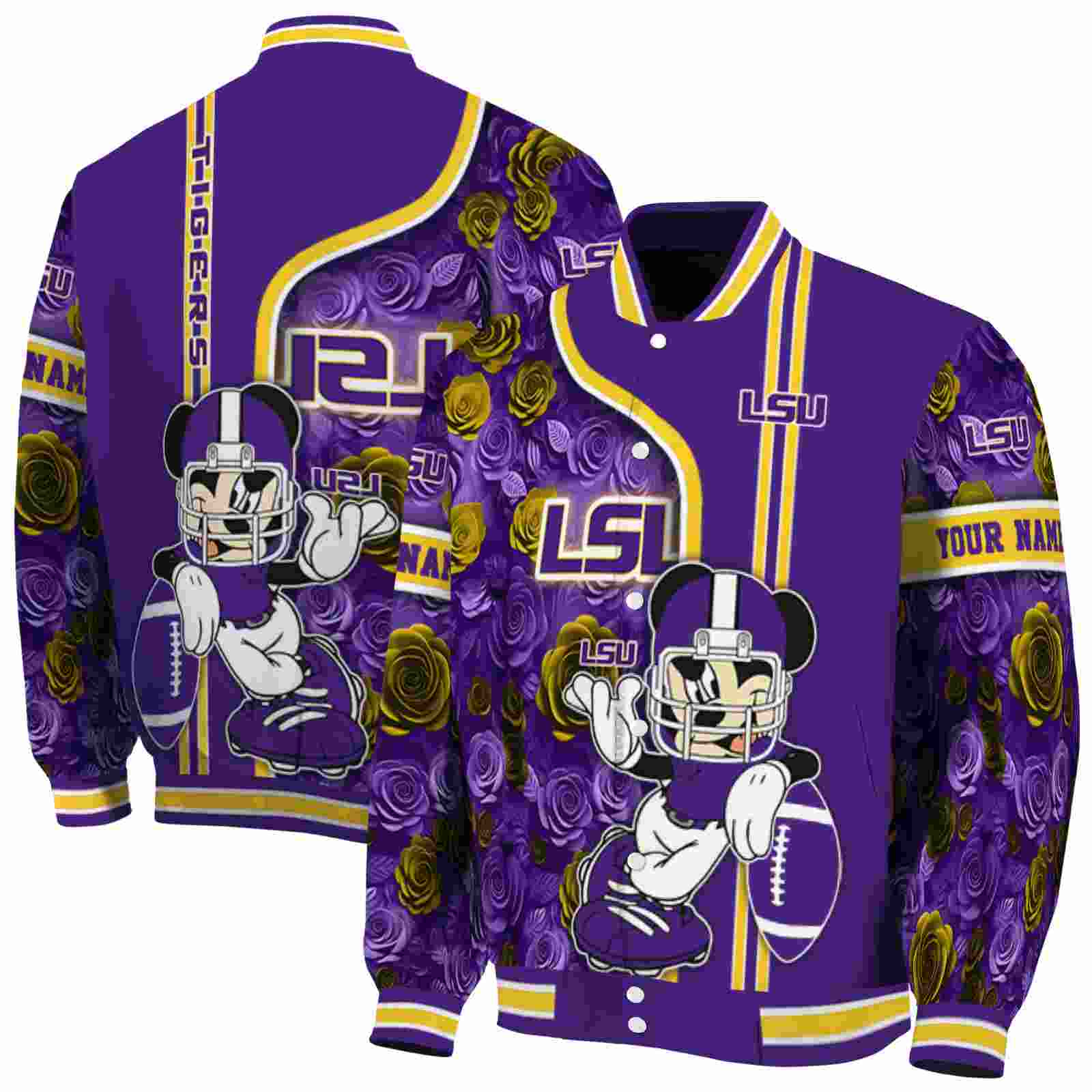 Ncaa Personalized LSU Tigers Rose Mickey Purple Custom Baseball Jacket Sport Fans Gear