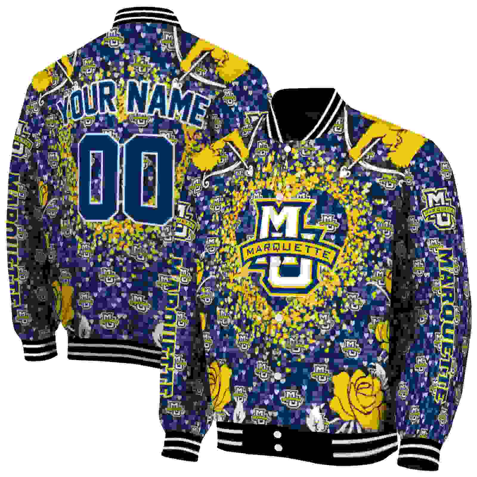 Ncaa Personalized Marquette Golden Eagles Heart Explosion Blue Custom Baseball Jacket Sport Fans Gear