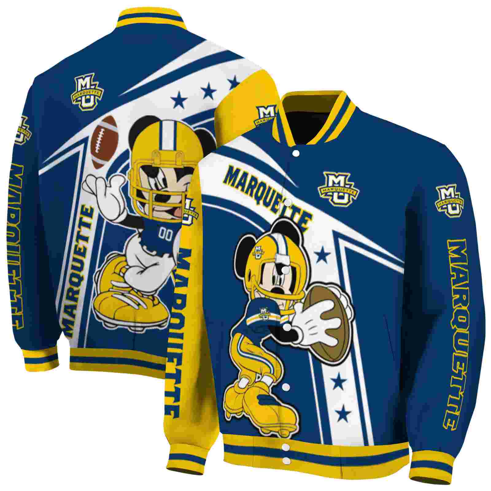 Ncaa Personalized Marquette Golden Eagles Mickey Football Blue White Custom Baseball Jacket Sport Fans Gear