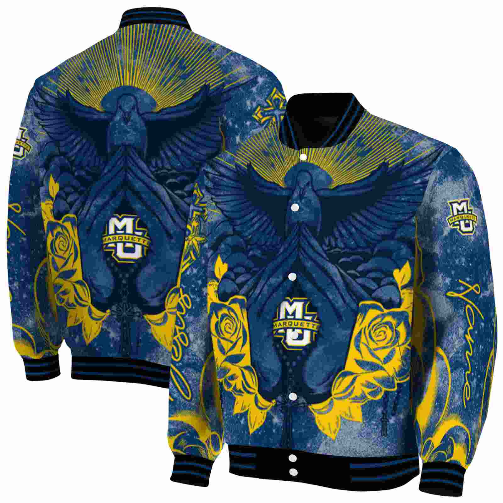 Ncaa Personalized Marquette Golden Eagles Praying Hands Blue Custom Baseball Jacket Sport Fans Gear