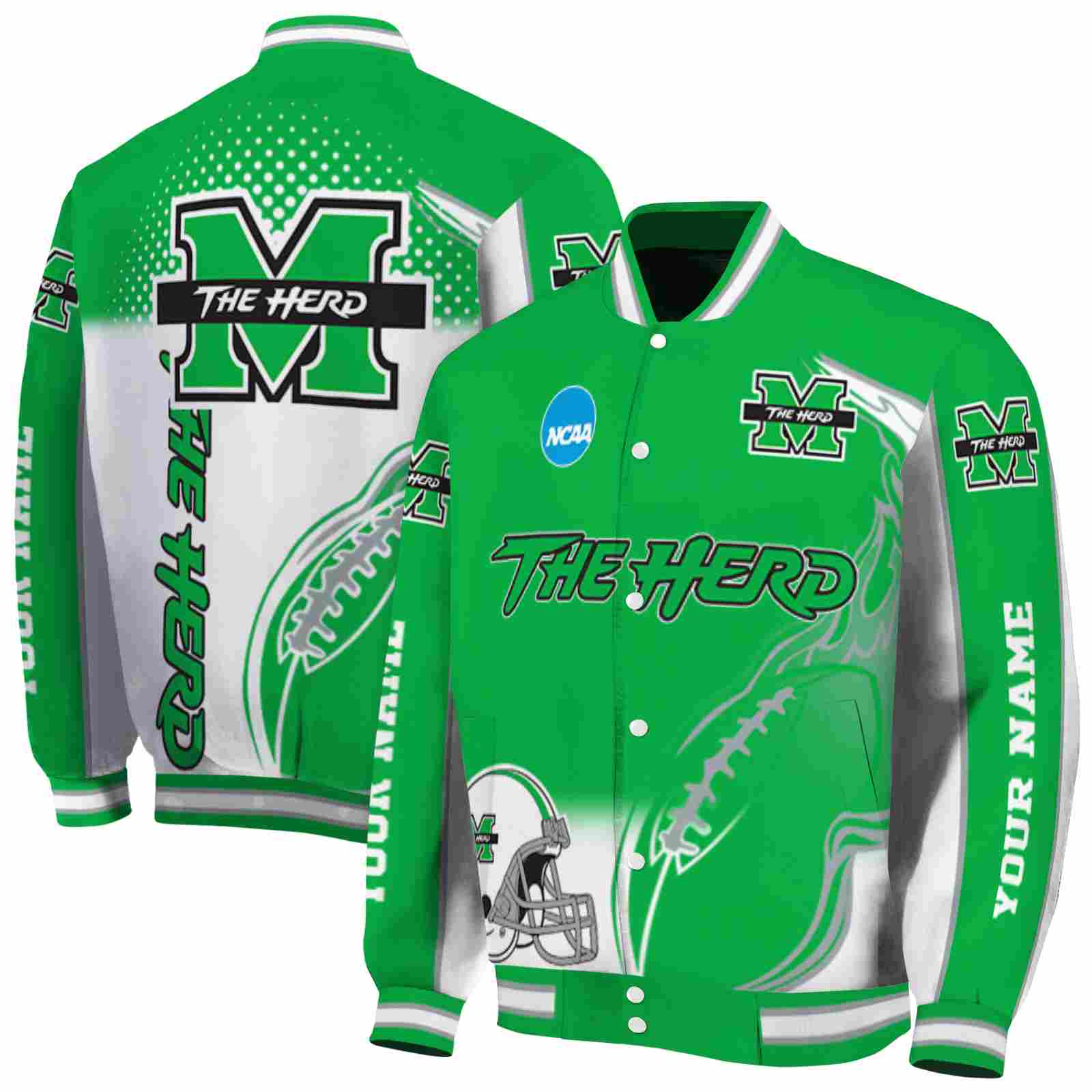 Ncaa Personalized Marshall Thundering Herd Flaming Football Green White Custom Baseball Jacket Sport Fans Gear