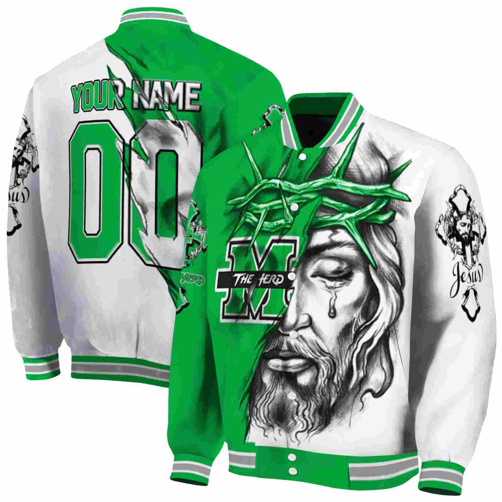 Ncaa Personalized Marshall Thundering Herd Jesus Tears Green White Custom Baseball Jacket Sport Fans Gear