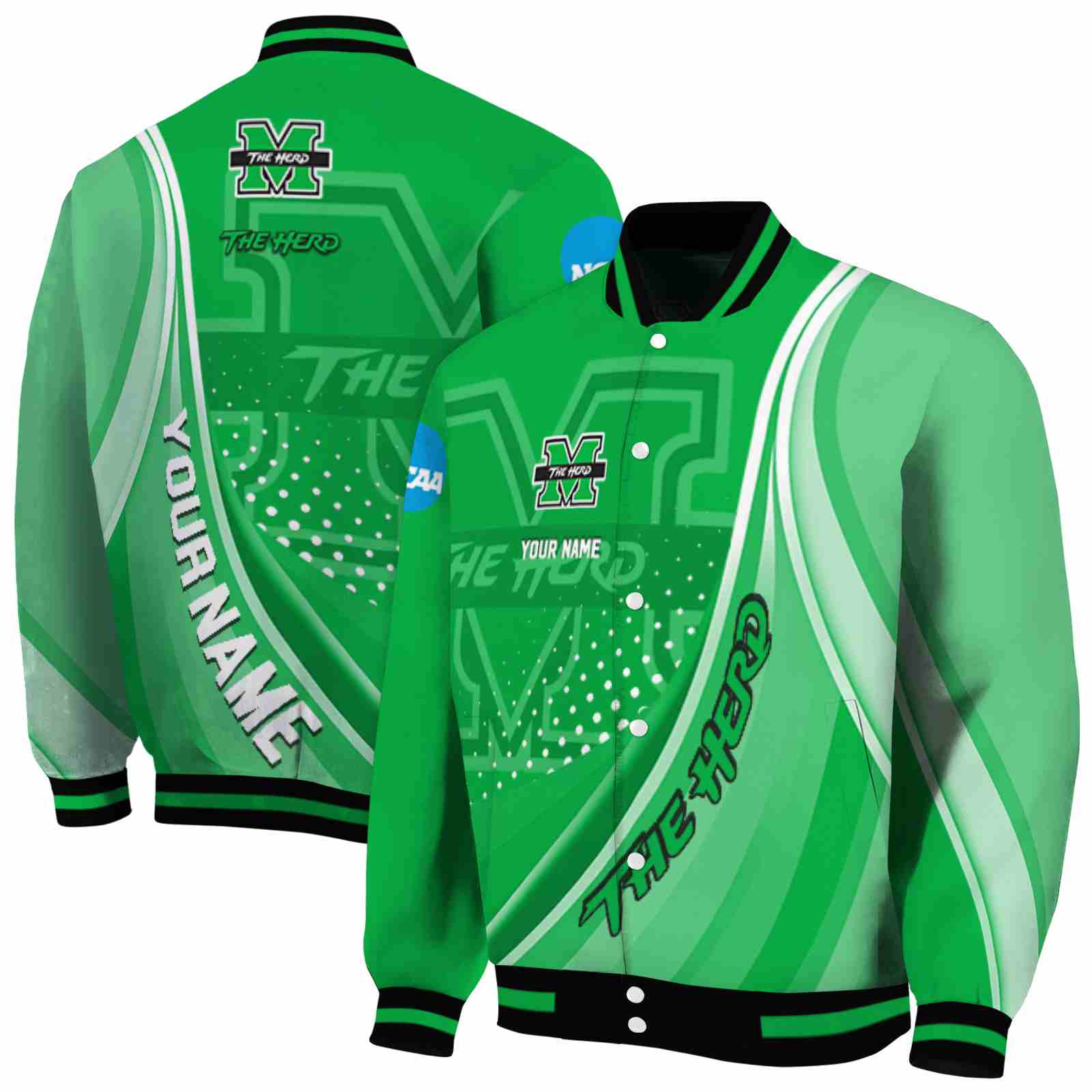 Ncaa Personalized Marshall Thundering Herd Wave Patterns Green Custom Baseball Jacket Sport Fans Gear