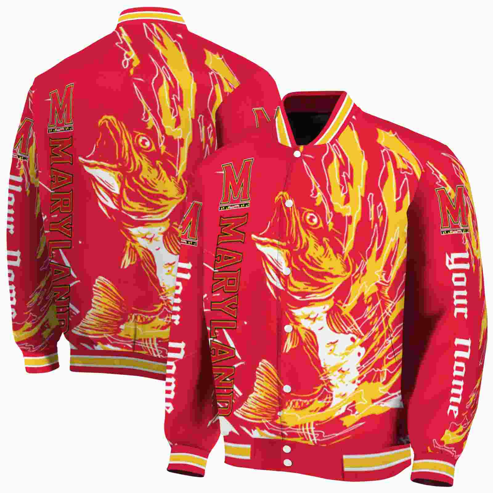 Ncaa Personalized Maryland Terrapins Fishing Passion Red White Custom Baseball Jacket Sport Fans Gear