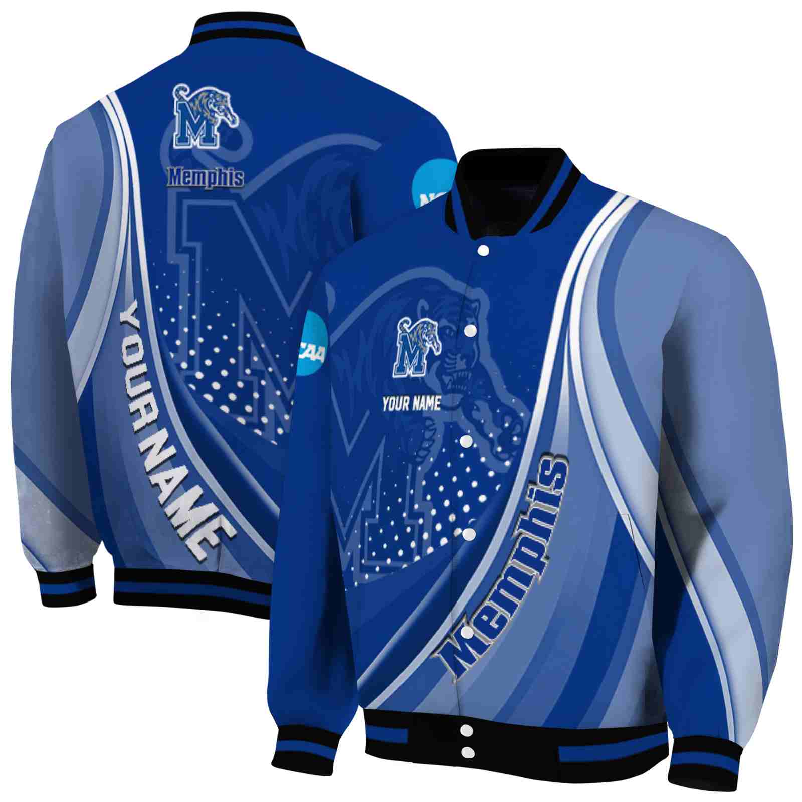 Ncaa Personalized Memphis Tigers Wave Patterns Blue Custom Baseball Jacket Sport Fans Gear