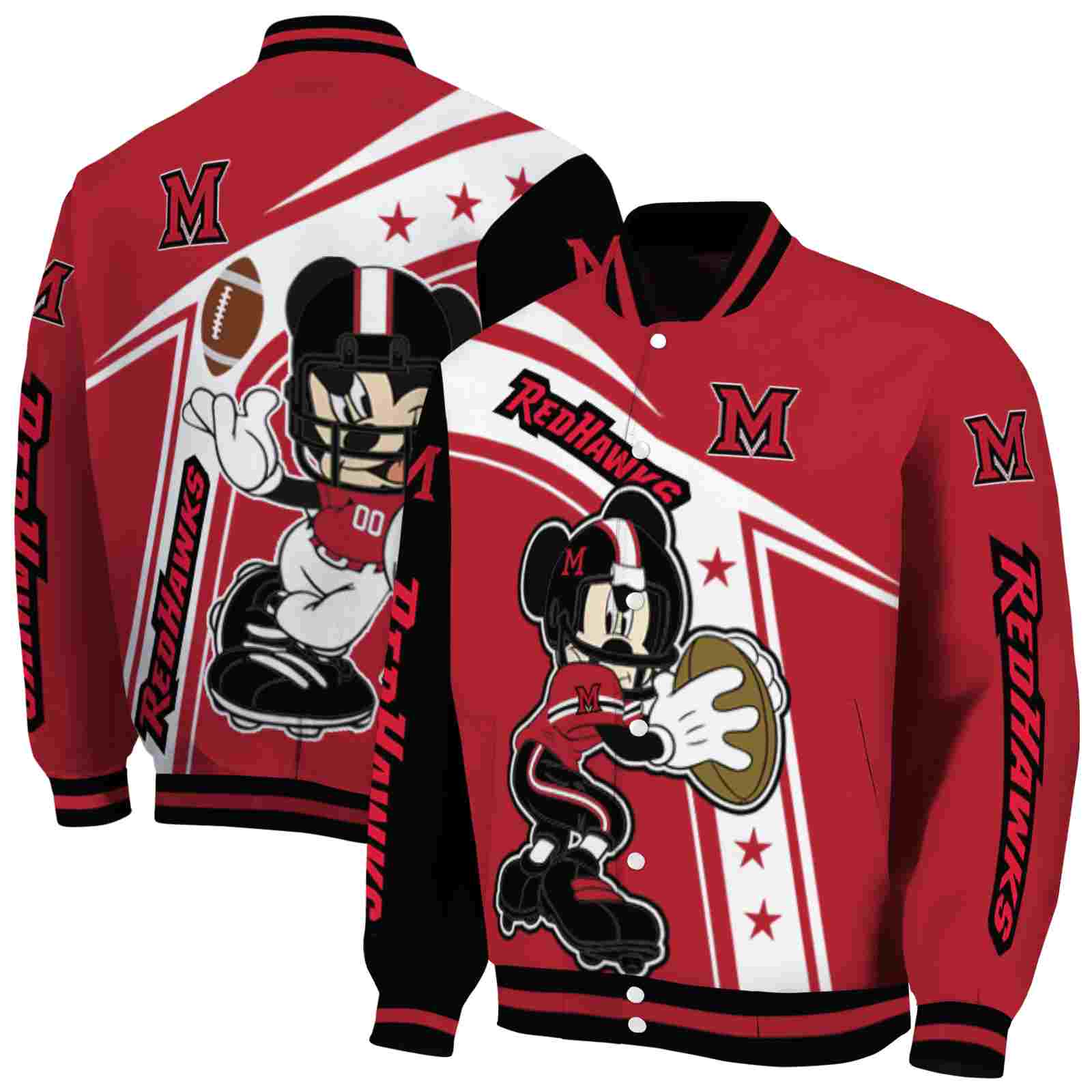 Ncaa Personalized Miami RedHawks Mickey Football Red White Custom Baseball Jacket Sport Fans Gear