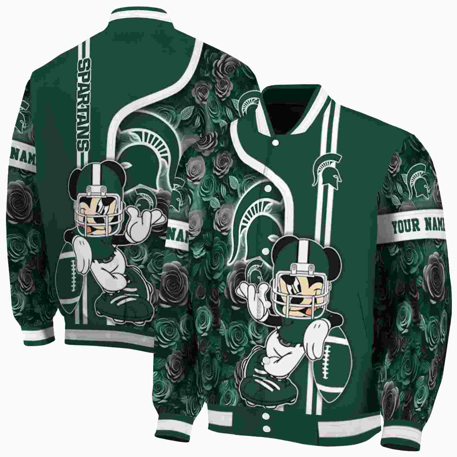 Ncaa Personalized Michigan State Spartans Rose Mickey Green Custom Baseball Jacket Sport Fans Gear