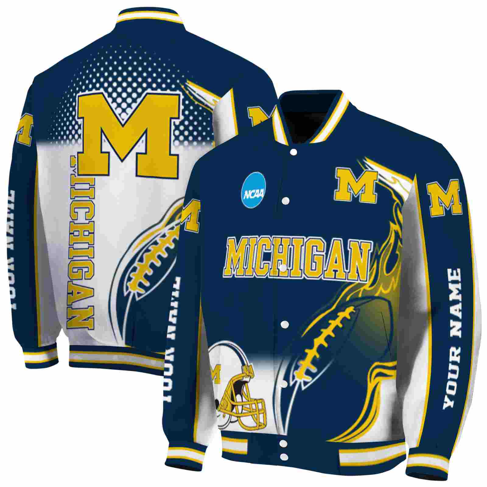 Ncaa Personalized Michigan Wolverines Flaming Football Blue White Custom Baseball Jacket Sport Fans Gear