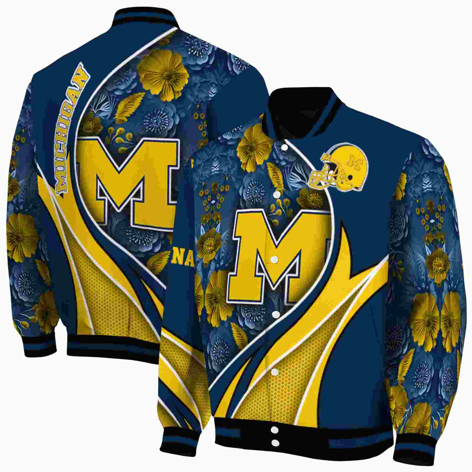 Ncaa Personalized Michigan Wolverines Floral Print Blue Custom Baseball Jacket Sport Fans Gear