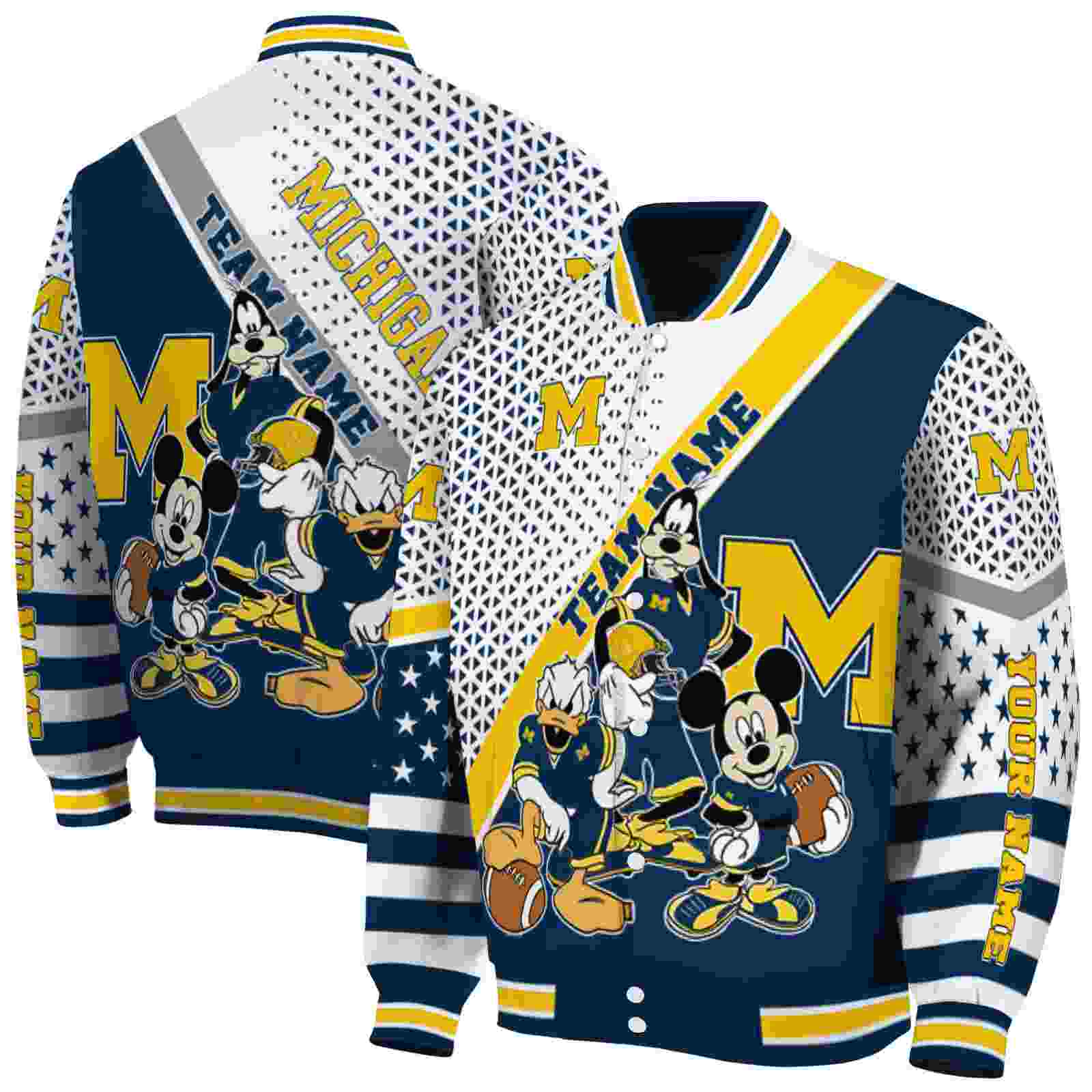 Ncaa Personalized Michigan Wolverines Mickey Donald Goofy Blue White Custom Baseball Jacket Sport Fans Gear