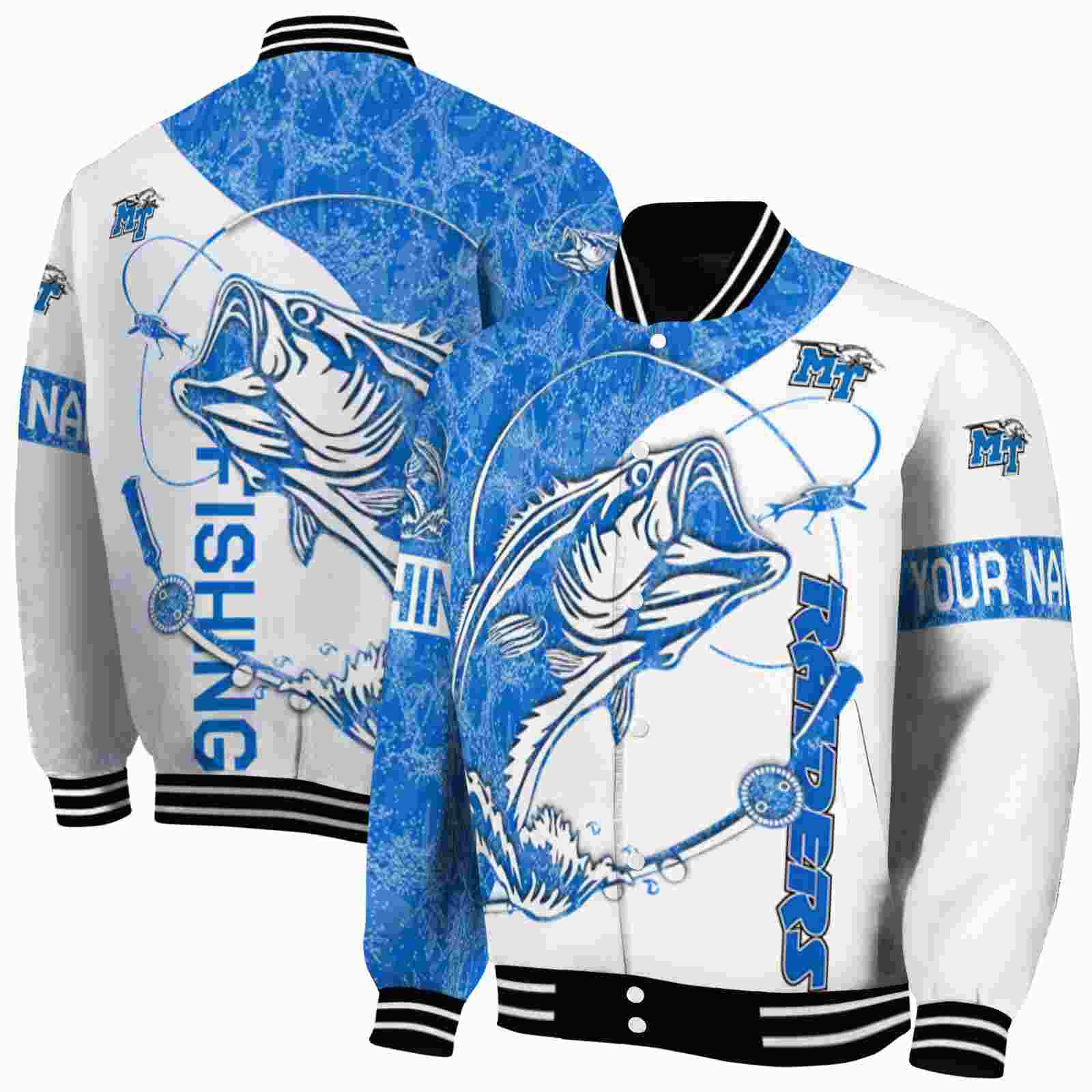 Ncaa Personalized Middle Tennessee Blue Raiders Fishing Rod White Custom Baseball Jacket Sport Fans Gear