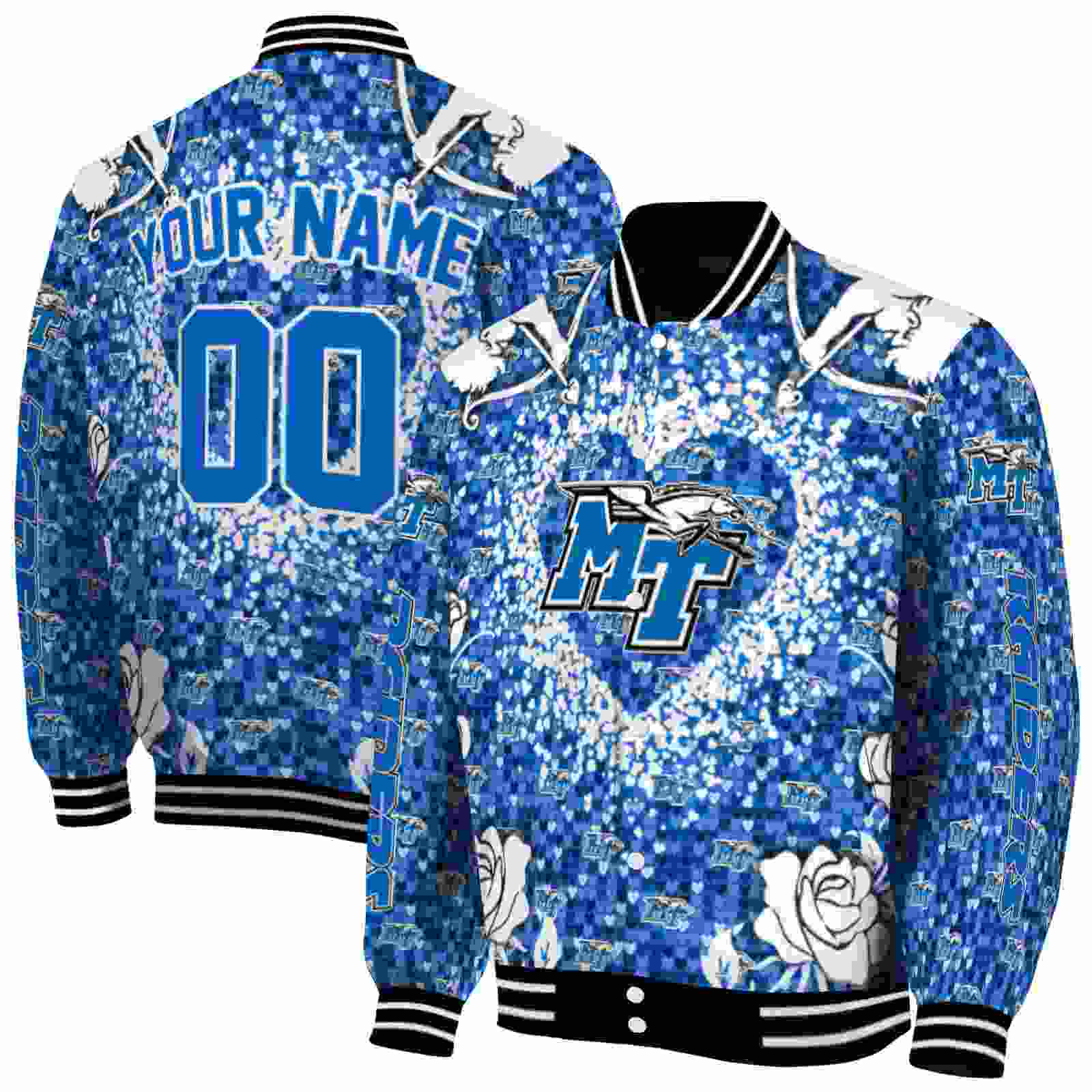 Ncaa Personalized Middle Tennessee Blue Raiders Heart Explosion Blue Custom Baseball Jacket Sport Fans Gear