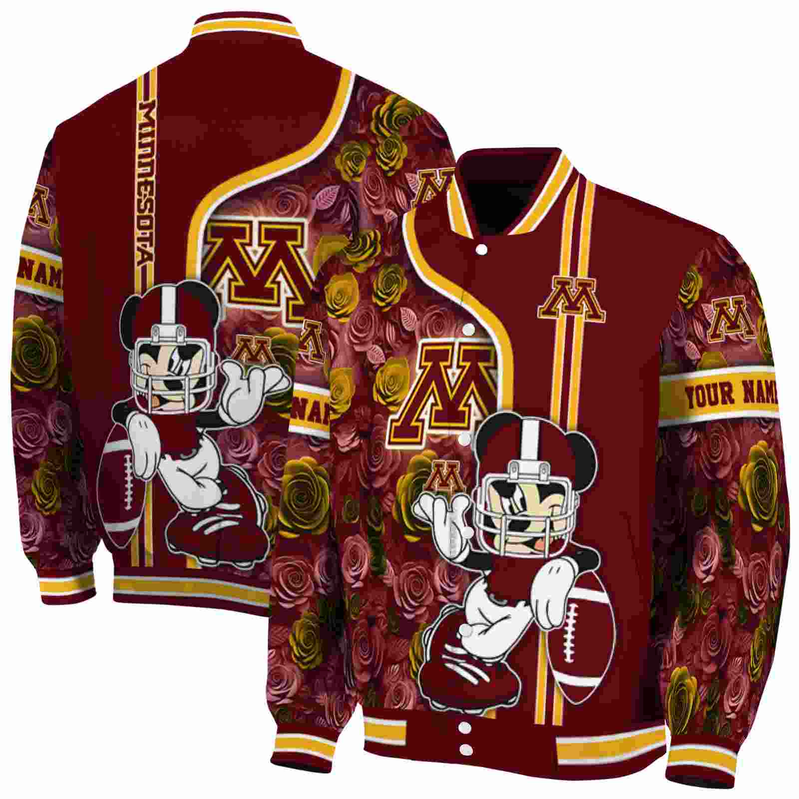 Ncaa Personalized Minnesota Golden Gophers Rose Mickey Maroon Custom Baseball Jacket Sport Fans Gear