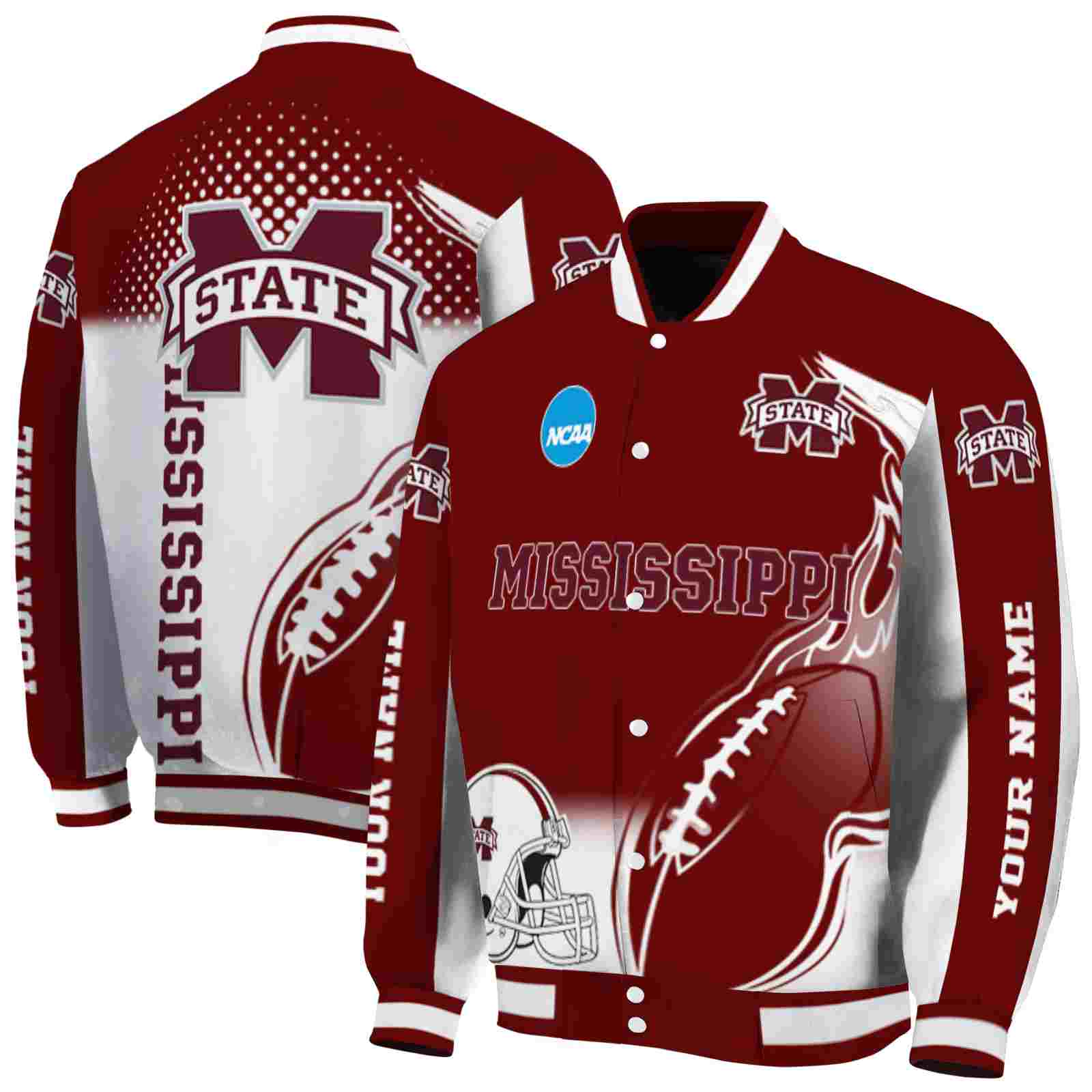 Ncaa Personalized Mississippi State Bulldogs Flaming Football Maroon White Custom Baseball Jacket Sport Fans Gear