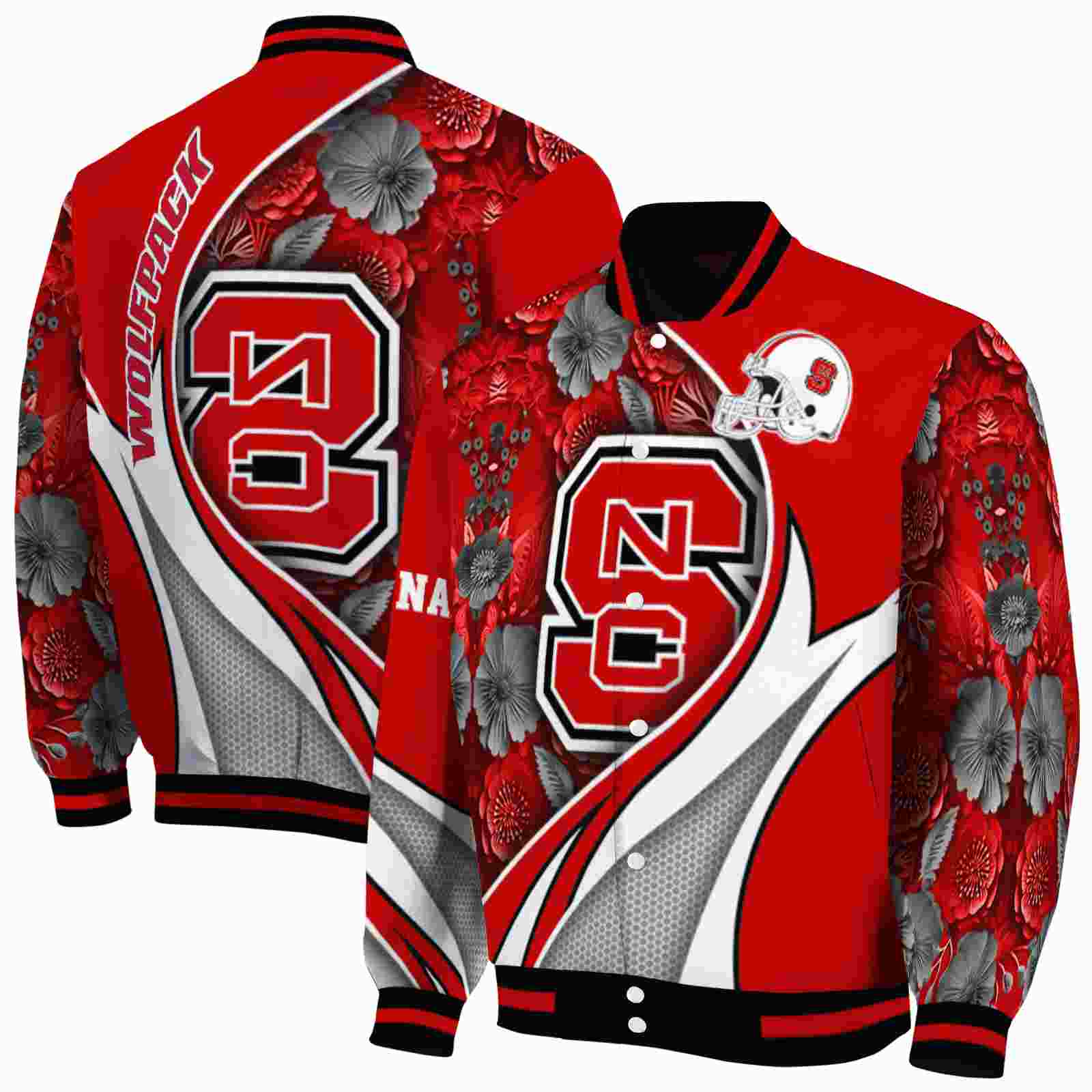 Ncaa Personalized NC State Wolfpack Floral Print Red Custom Baseball Jacket Sport Fans Gear