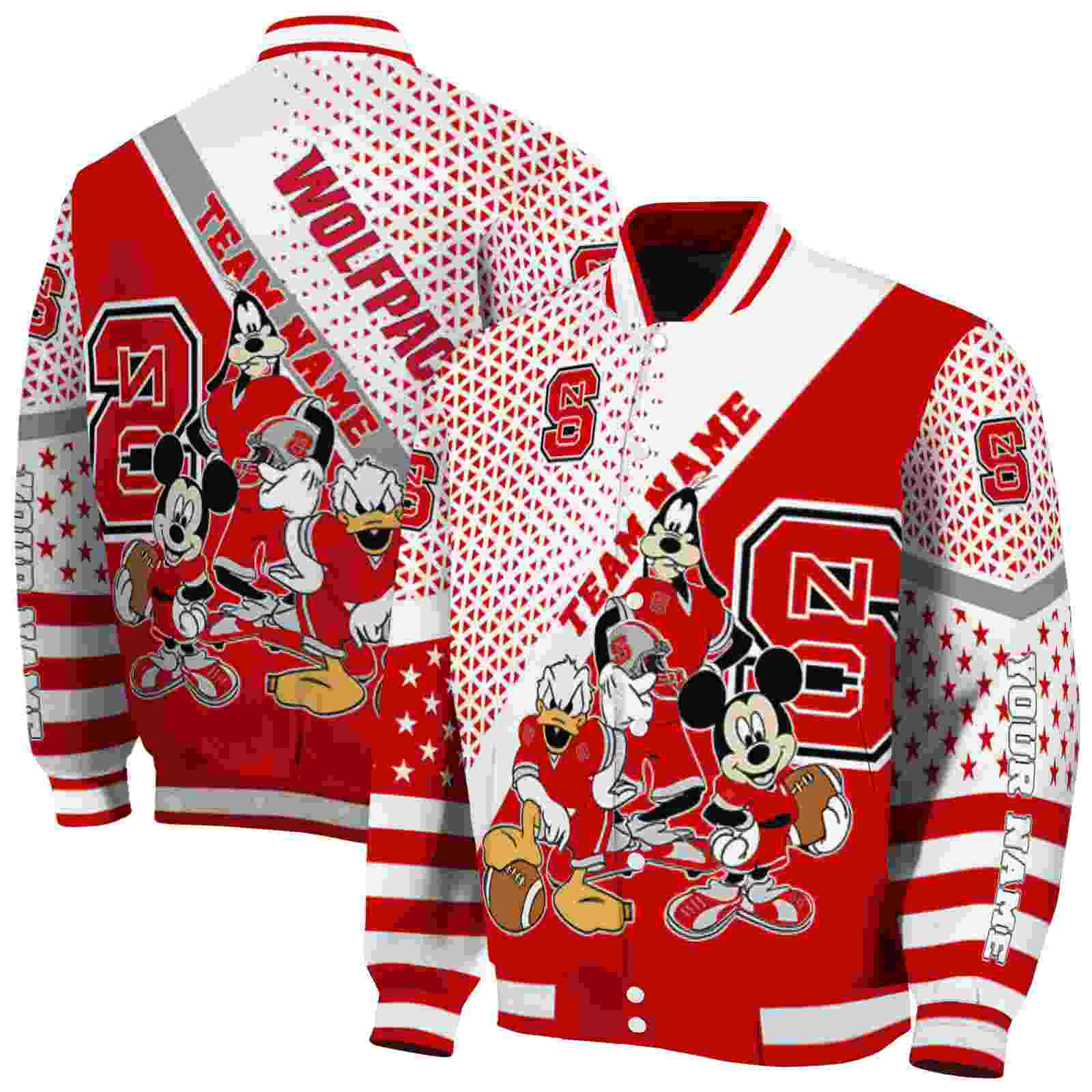 Ncaa Personalized NC State Wolfpack Mickey Donald Goofy Red White Custom Baseball Jacket Sport Fans Gear