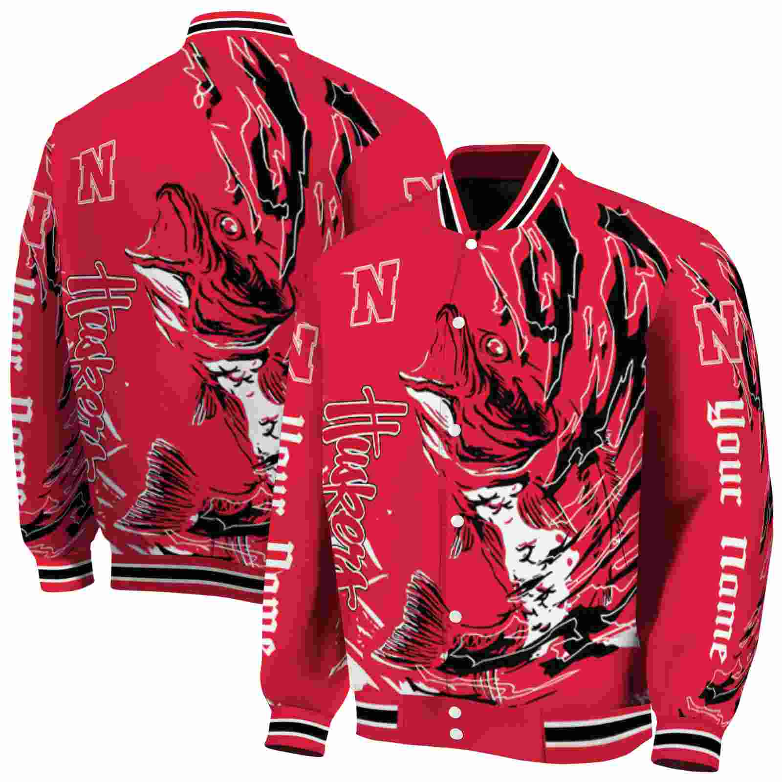 Ncaa Personalized Nebraska Cornhuskers Fishing Passion Red White Custom Baseball Jacket Sport Fans Gear