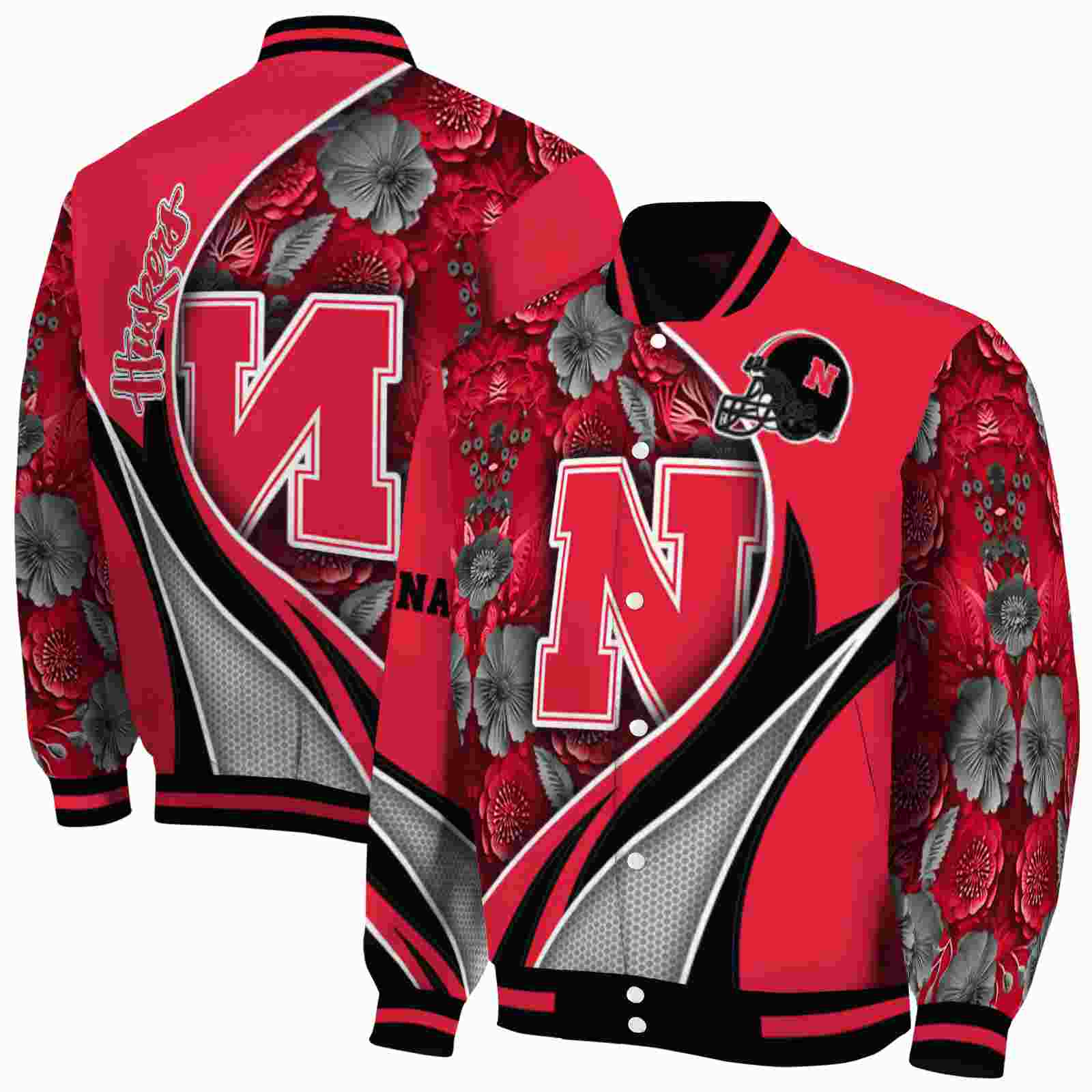 Ncaa Personalized Nebraska Cornhuskers Floral Print Red Custom Baseball Jacket Sport Fans Gear