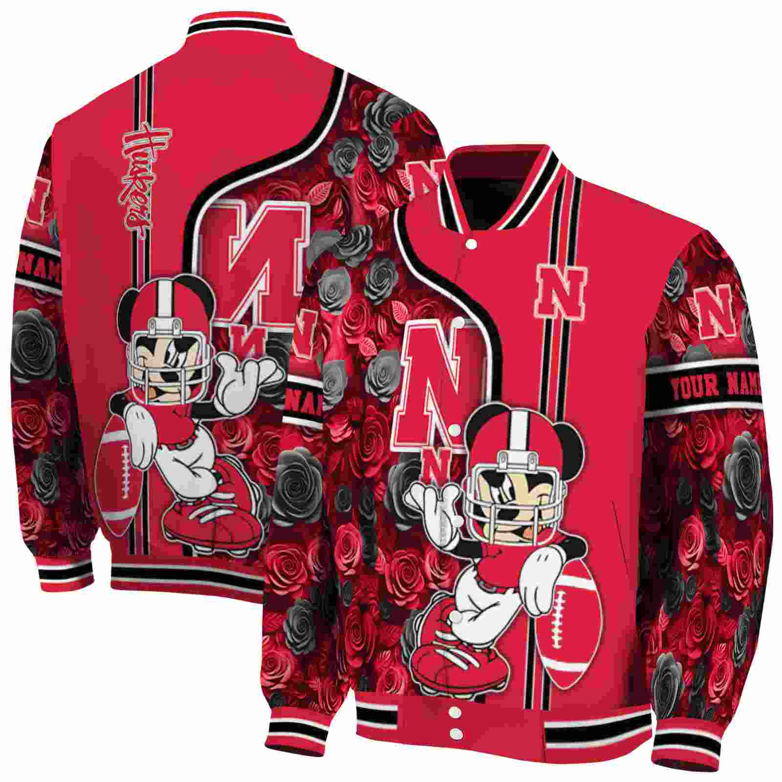 Ncaa Personalized Nebraska Cornhuskers Rose Mickey Red Custom Baseball Jacket Sport Fans Gear