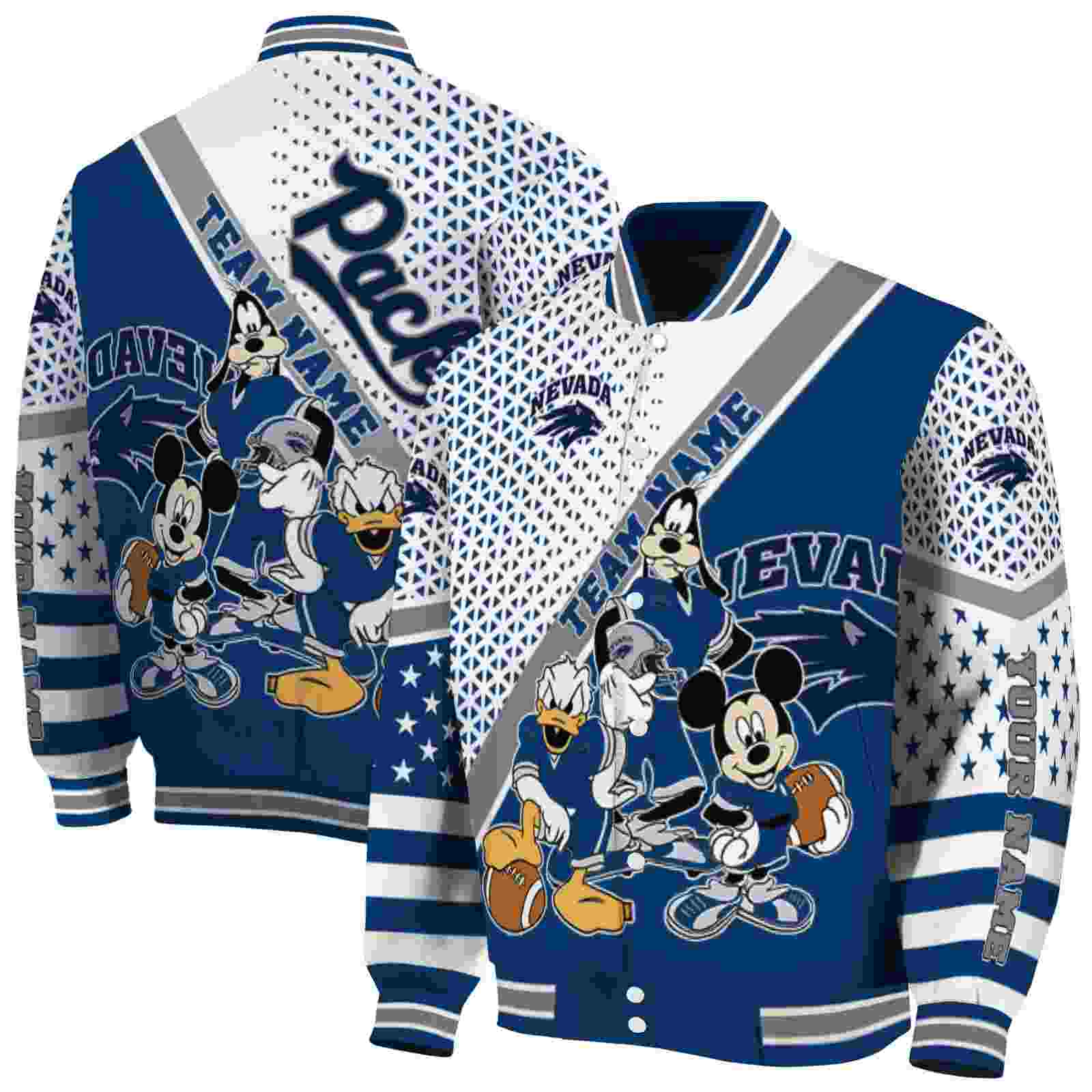 Ncaa Personalized Nevada Wolf Pack Mickey Donald Goofy Blue White Custom Baseball Jacket Sport Fans Gear