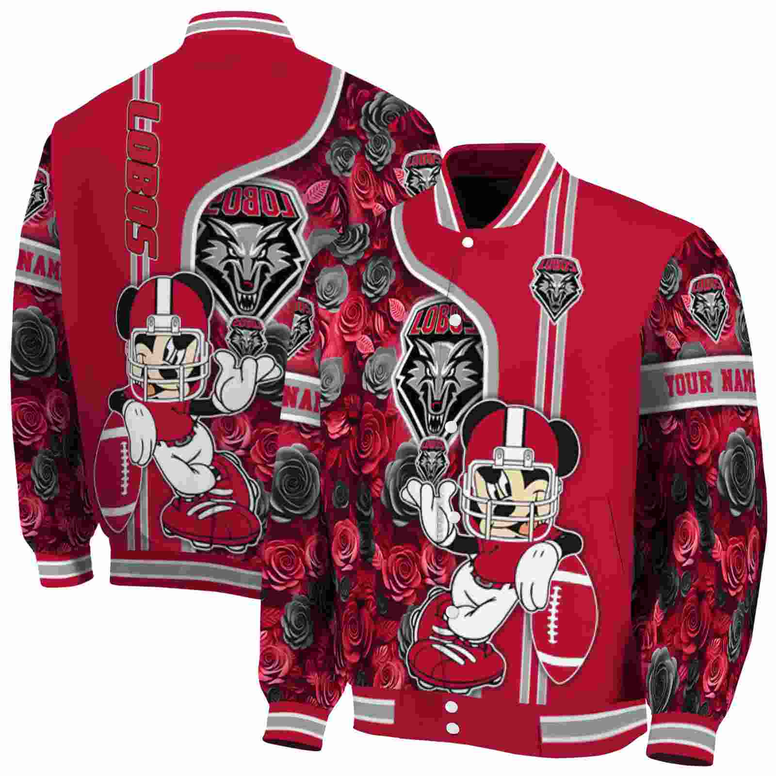Ncaa Personalized New Mexico Lobos Rose Mickey Red Custom Baseball Jacket Sport Fans Gear