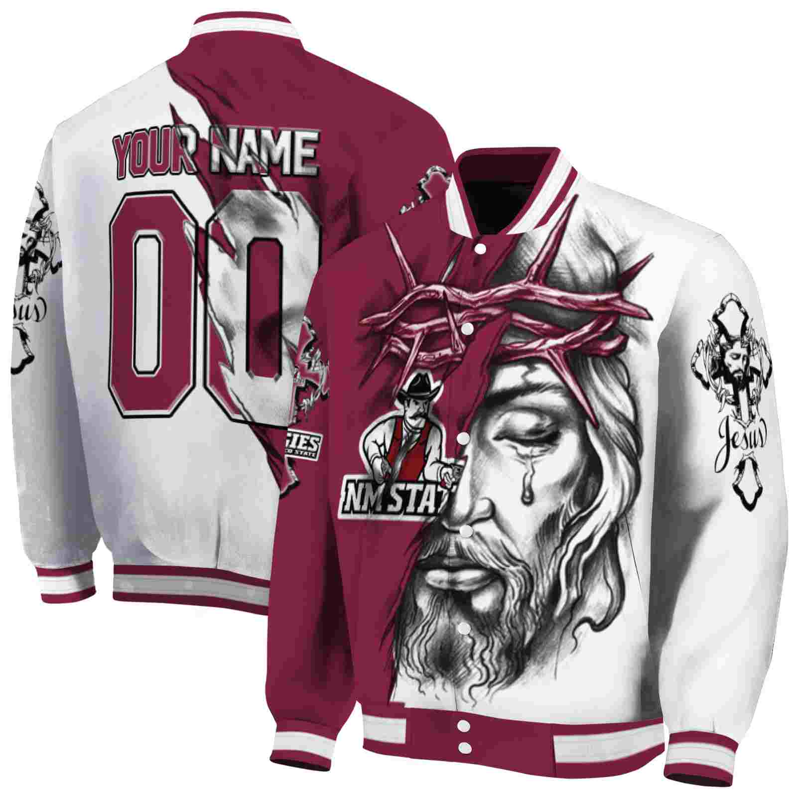 Ncaa Personalized New Mexico State Aggies Jesus Tears Crimson White Custom Baseball Jacket Sport Fans Gear