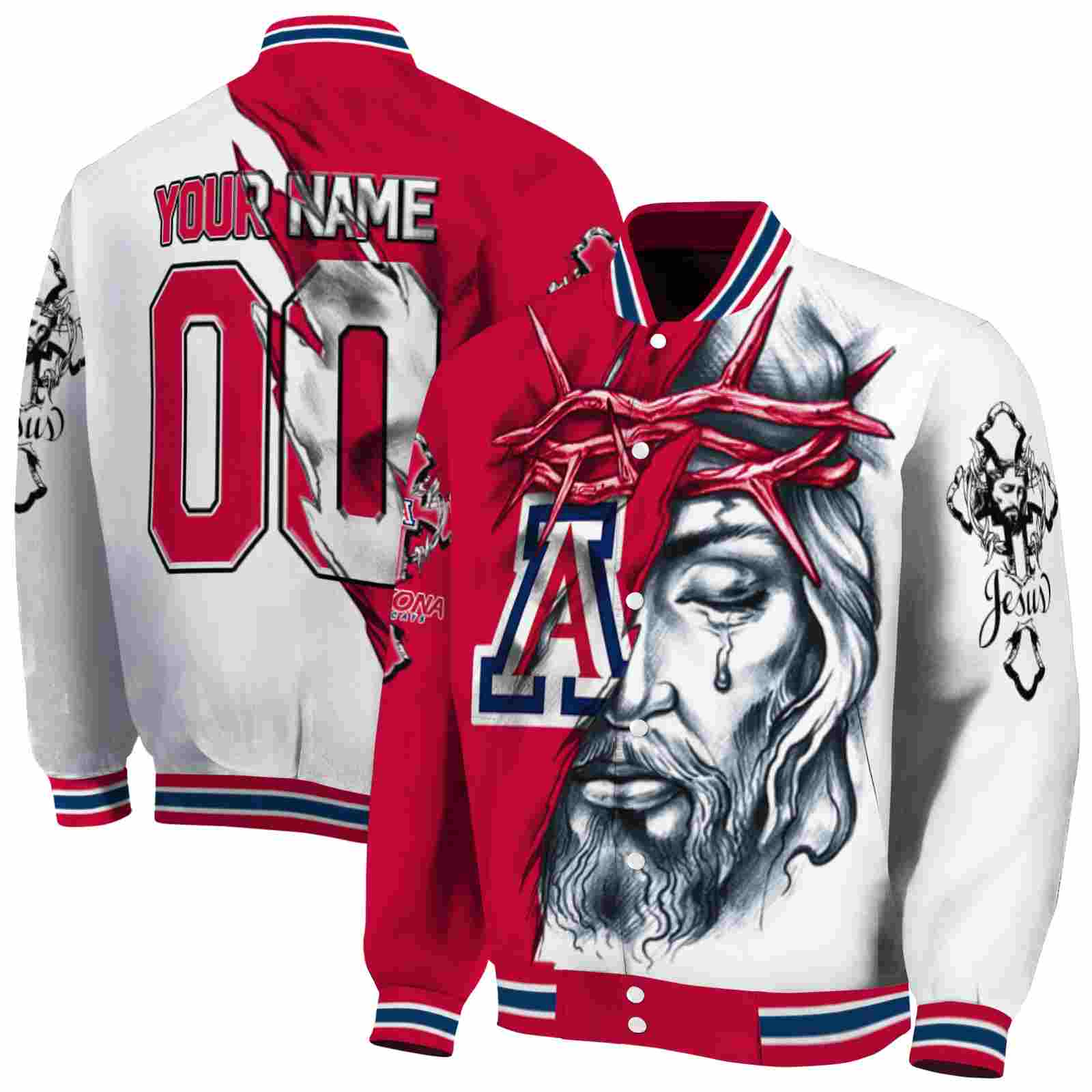 NcaaArizona Wildcats Jesus Tears Red White Custom Baseball Jacket Sport Fans Gear
