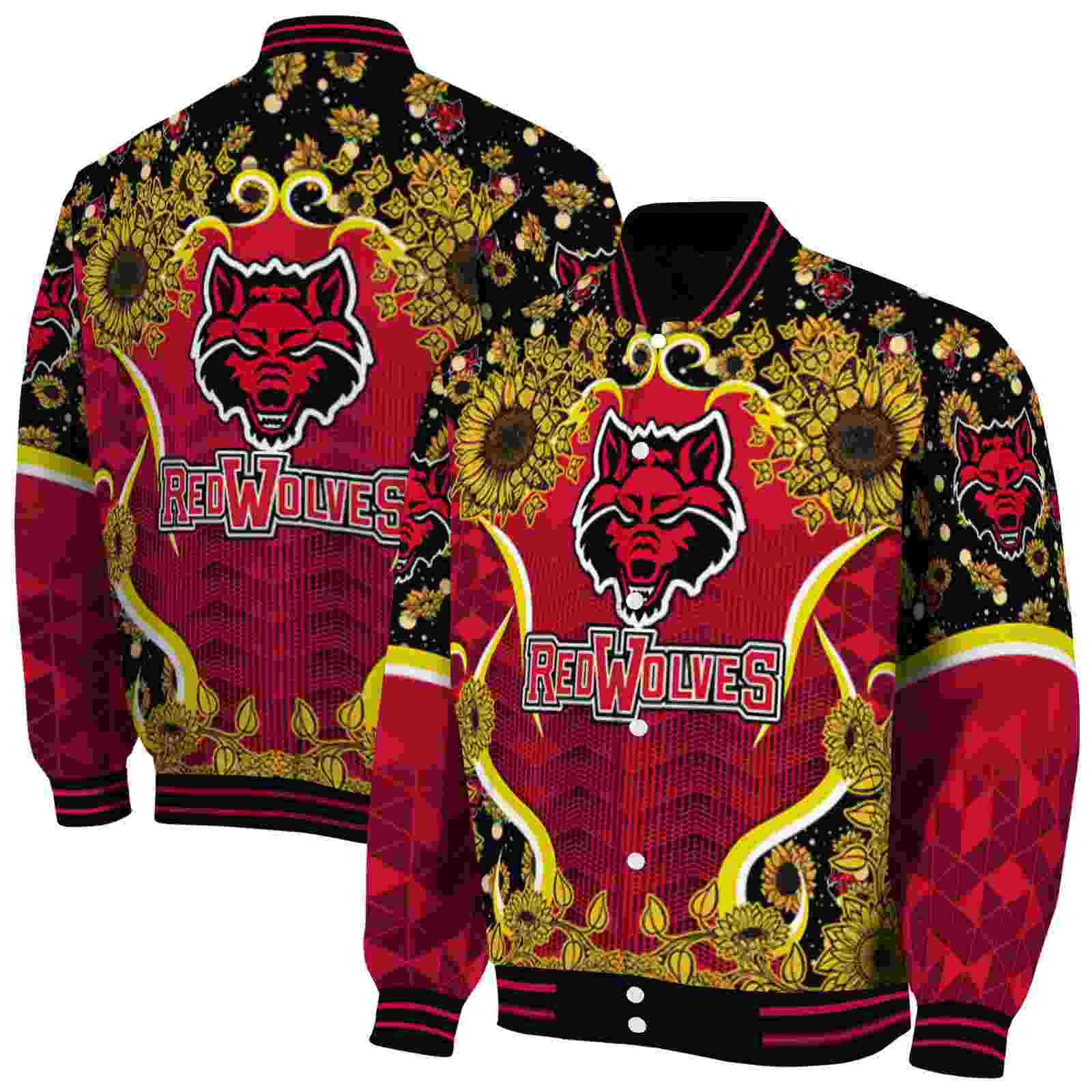 NcaaArkansas State Red Wolves SuNFL ower Bloom Scarlet Yellow Custom Baseball Jacket Sport Fans Gear