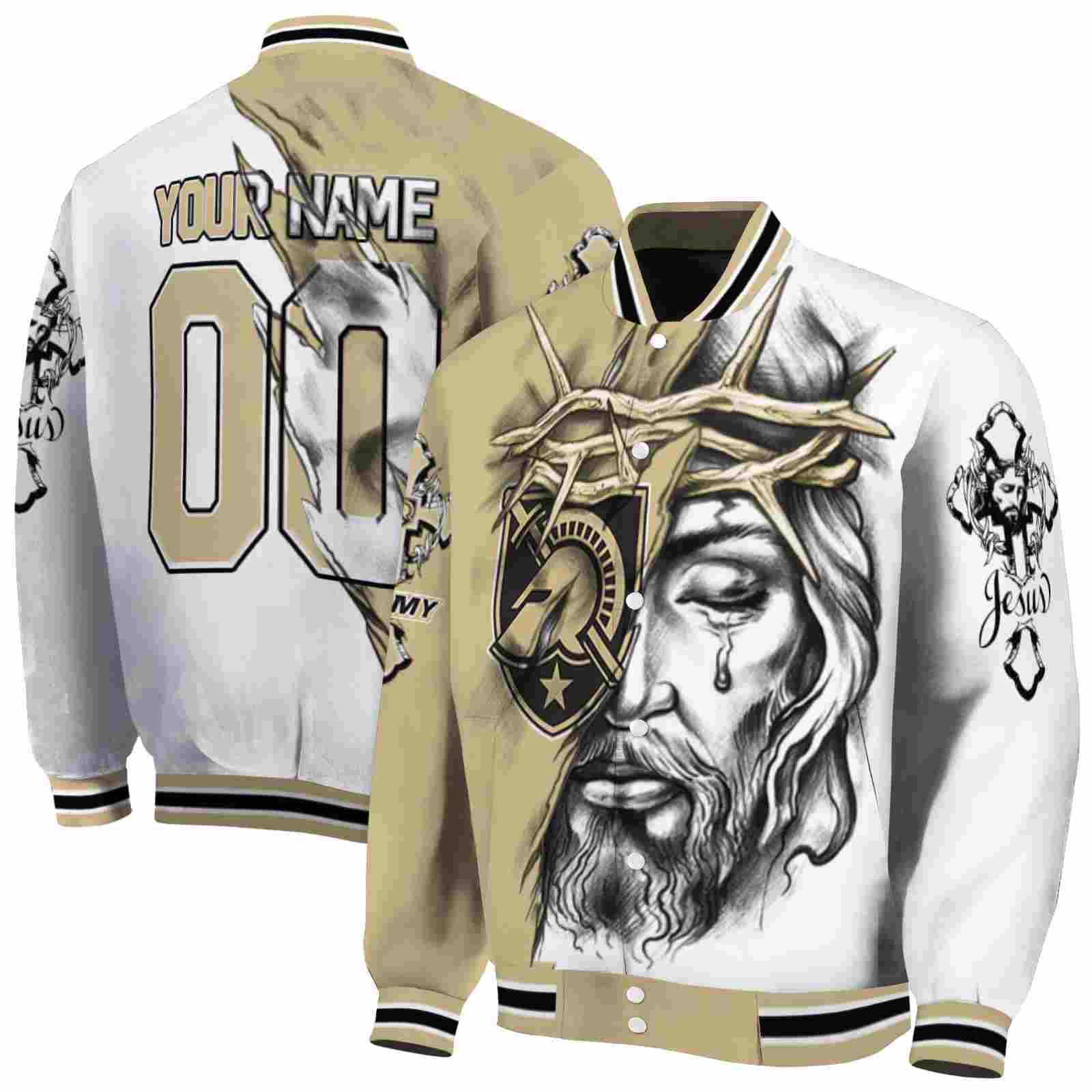 NcaaArmy Black Knights Jesus Tears Gold White Custom Baseball Jacket Sport Fans Gear