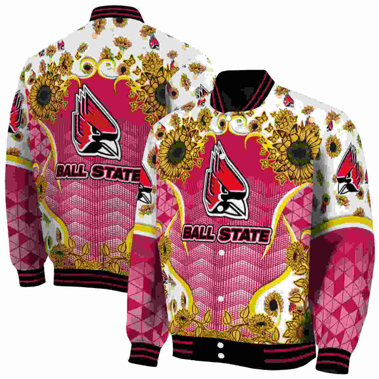 NcaaBall State Cardinals SuNFL ower Bloom Red Yellow Custom Baseball Jacket Sport Fans Gear