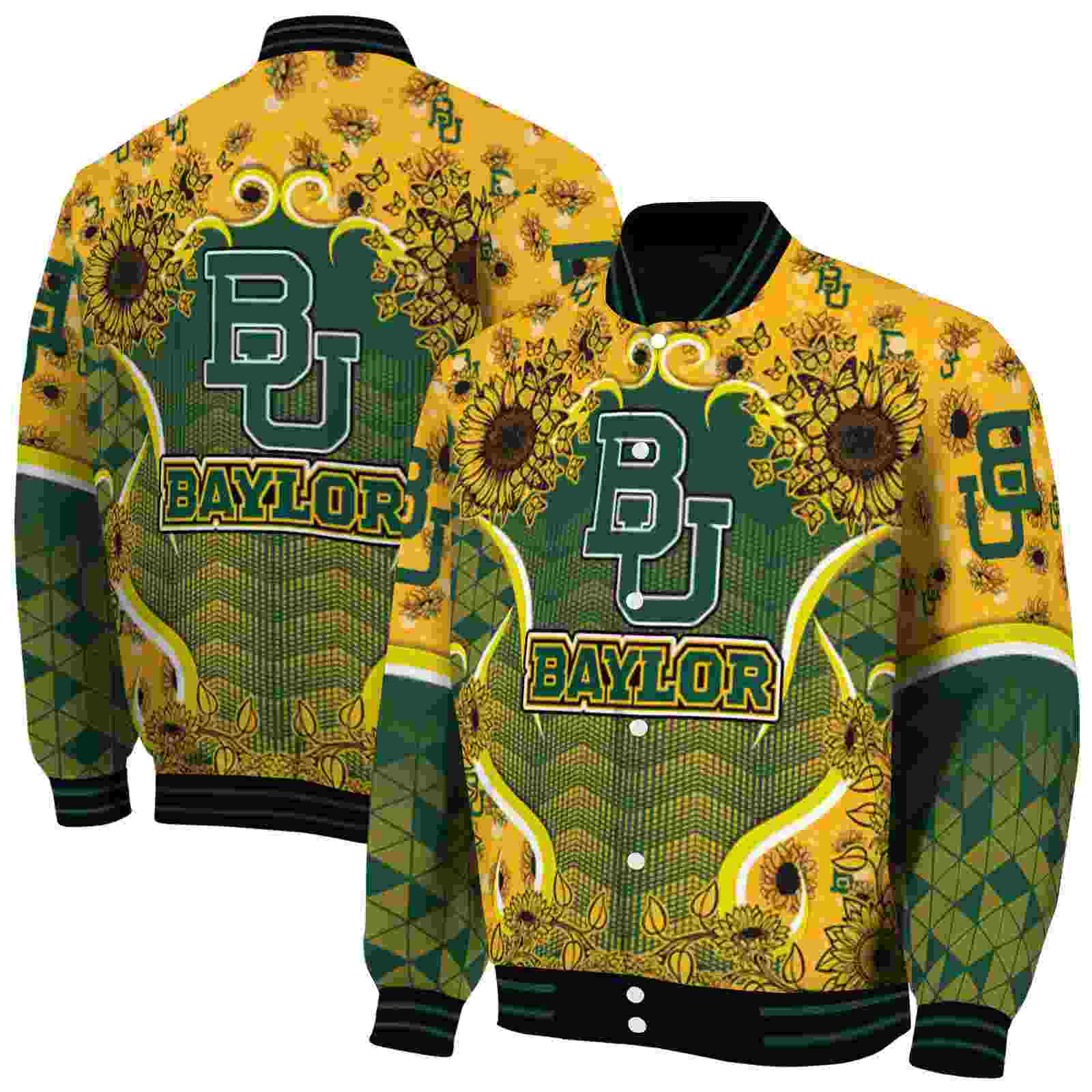 NcaaBaylor Bears SuNFL ower Bloom Green Yellow Custom Baseball Jacket Sport Fans Gear