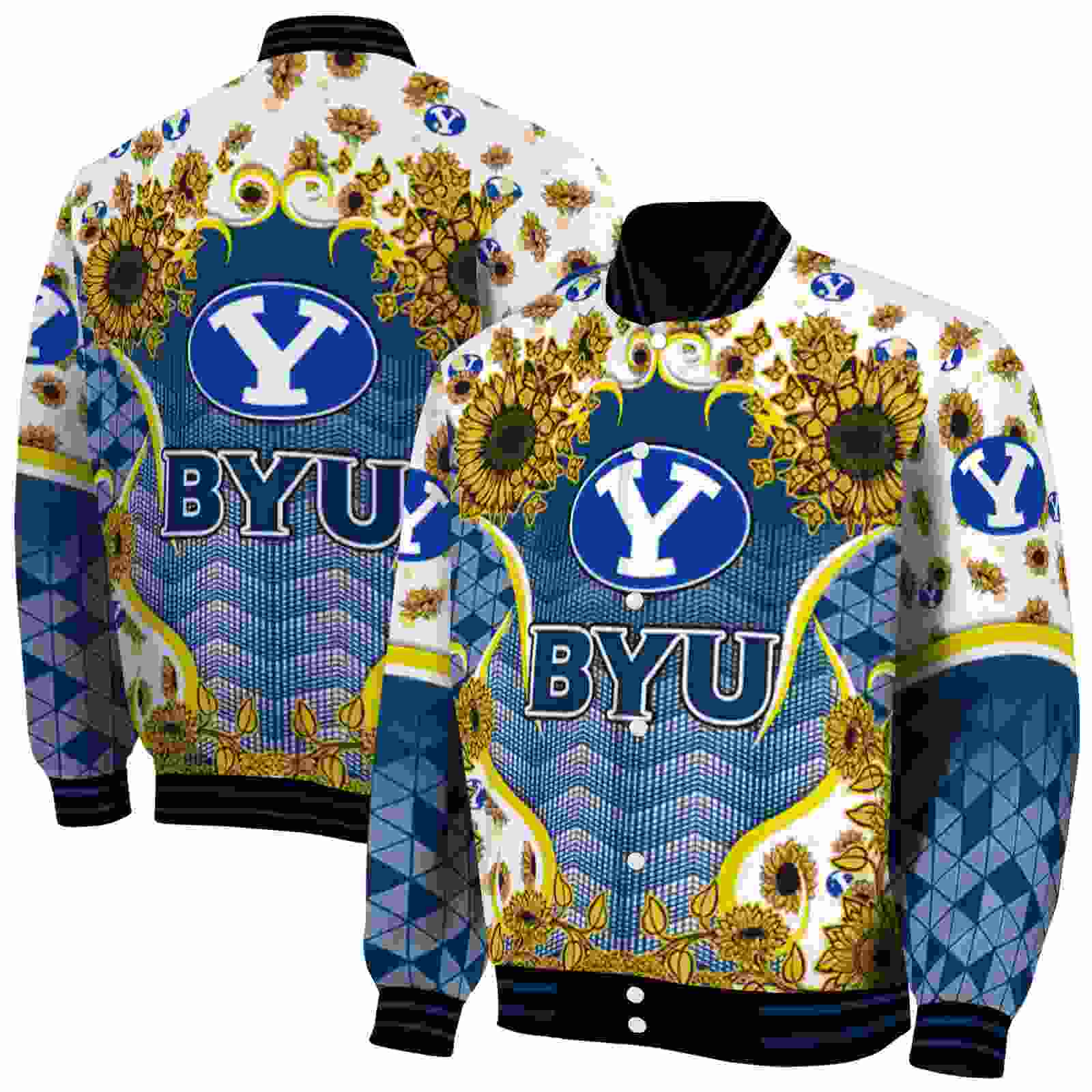 NcaaBYU Cougars SuNFL ower Bloom Blue Yellow Custom Baseball Jacket Sport Fans Gear