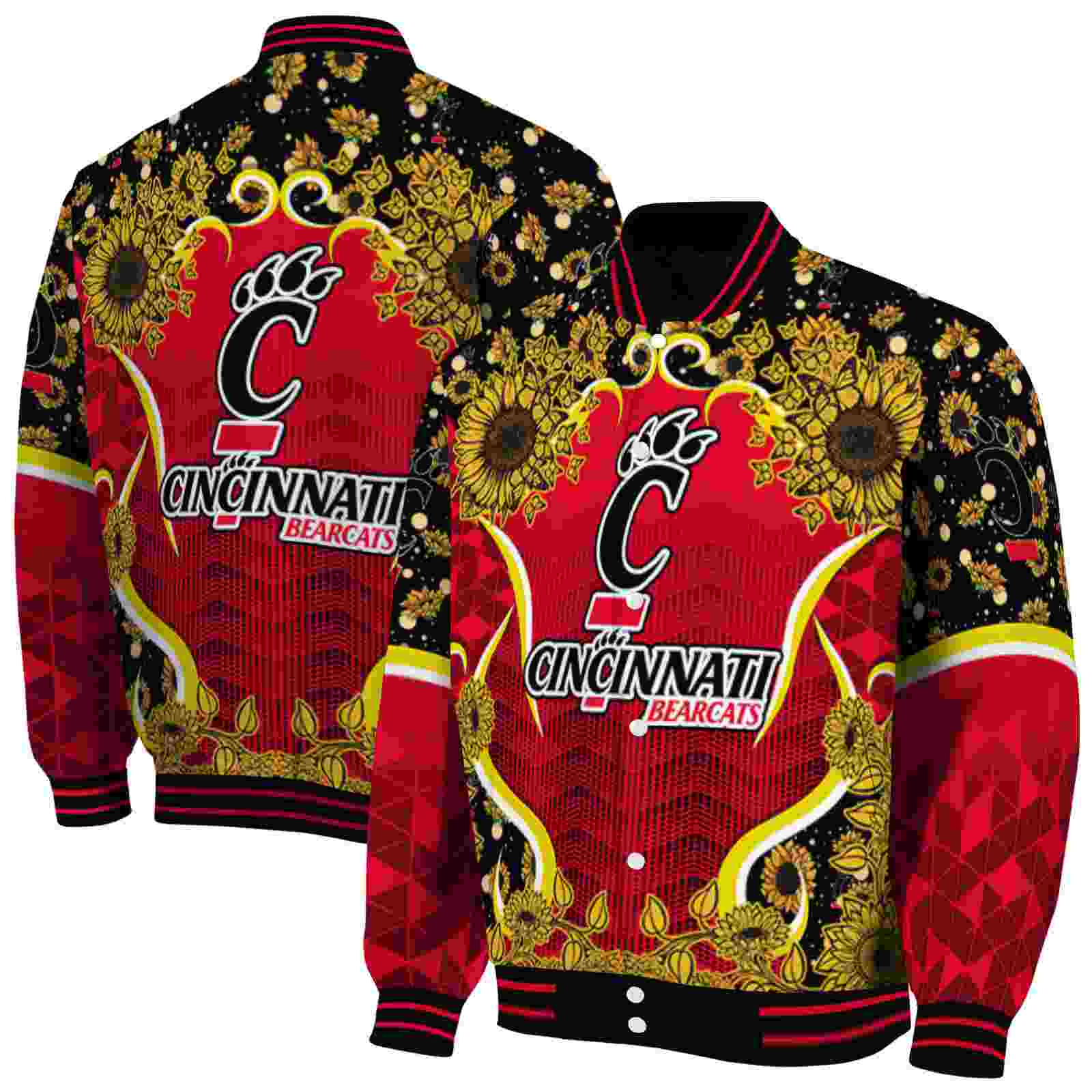 NcaaCincinnati Bearcats SuNFL ower Bloom Red Yellow Custom Baseball Jacket Sport Fans Gear