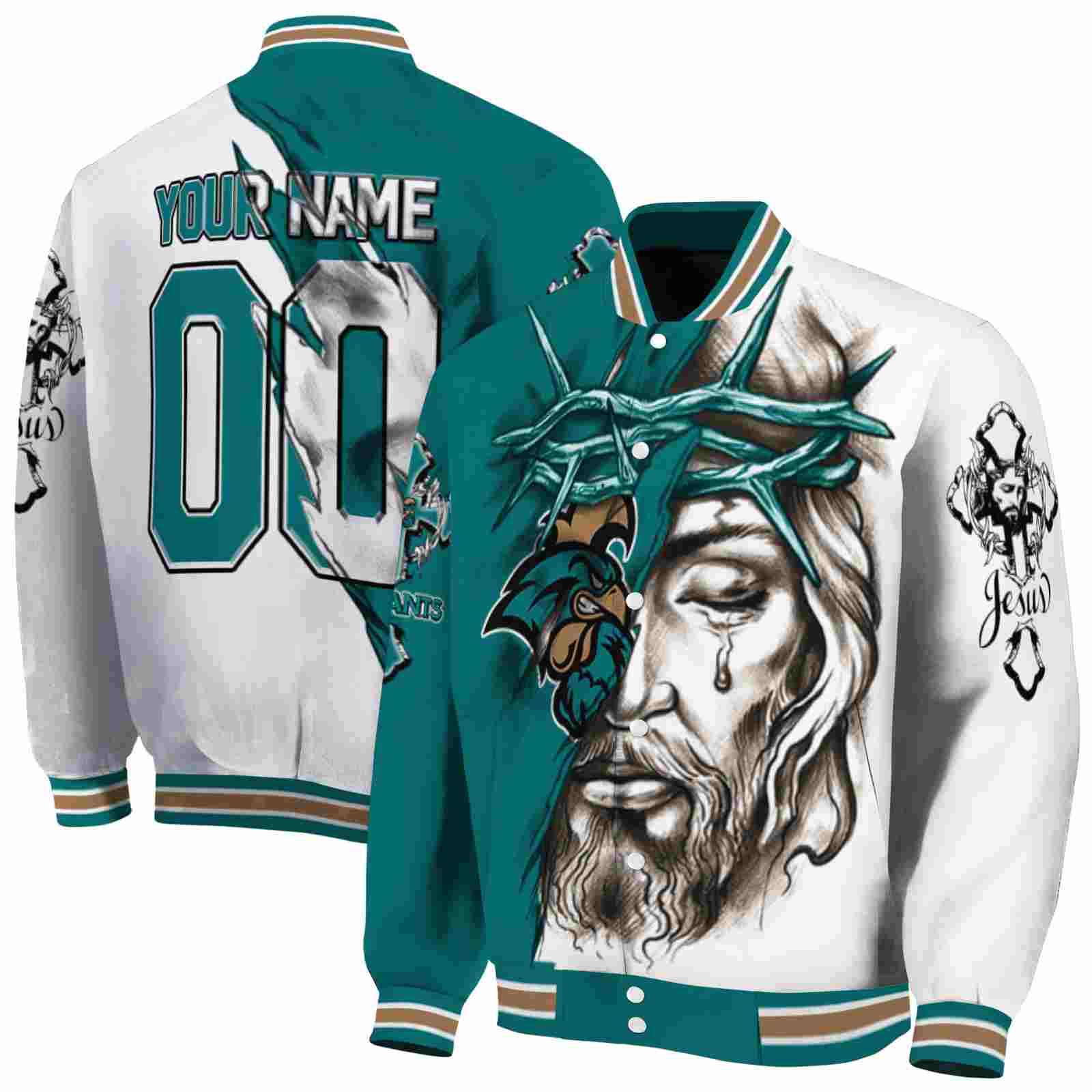 NcaaCoastal Carolina Chanticleers Jesus Tears Green White Custom Baseball Jacket Sport Fans Gear