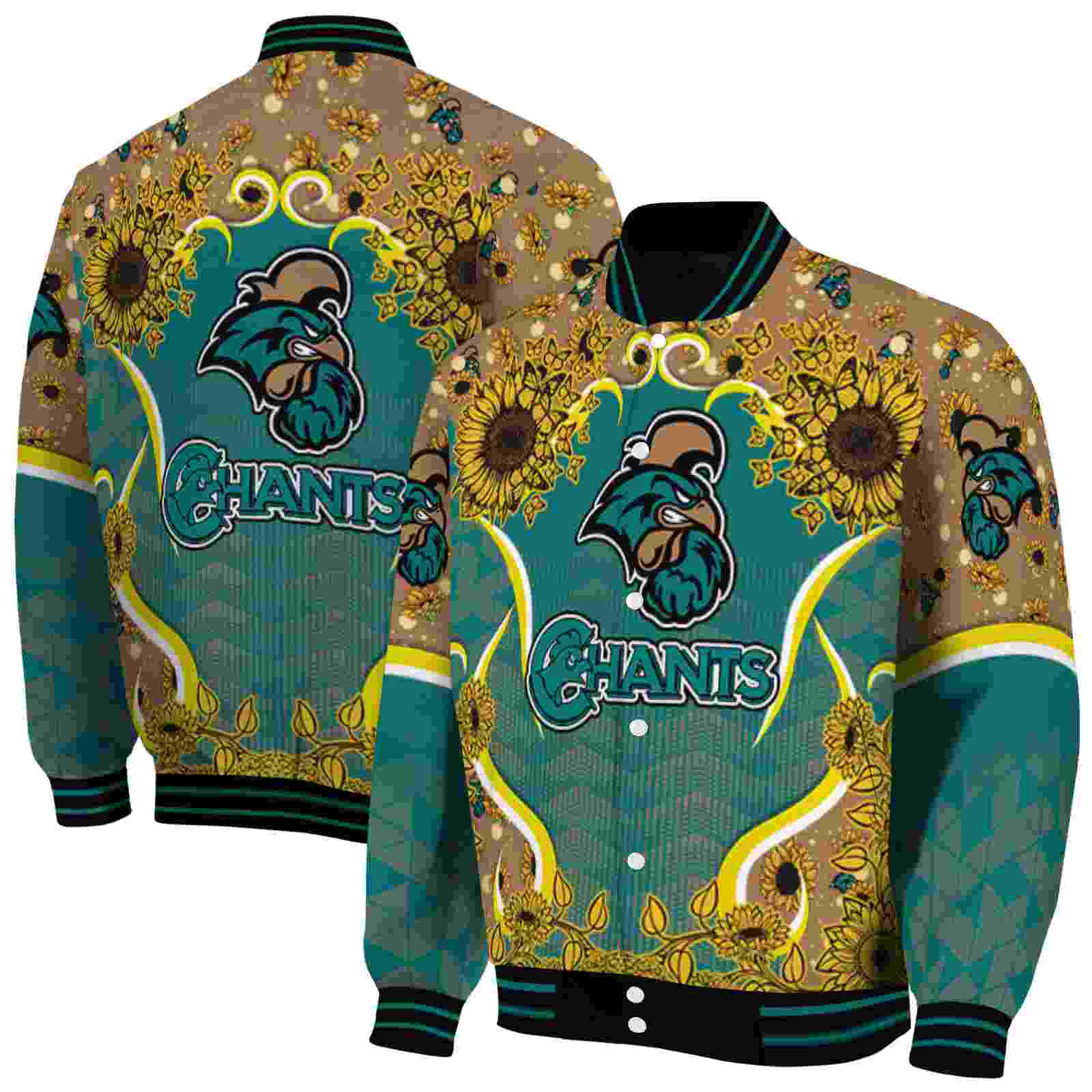 NcaaCoastal Carolina Chanticleers SuNFL ower Bloom Green Yellow Custom Baseball Jacket Sport Fans Gear