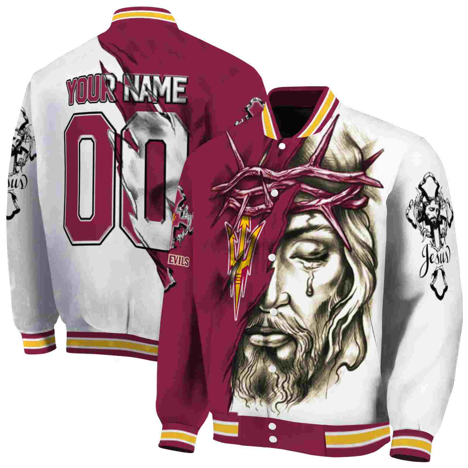 NcaaCustomized Arizona State Sun Devils Jesus Tears Maroon White Custom Baseball Jacket Sport Fans Gear